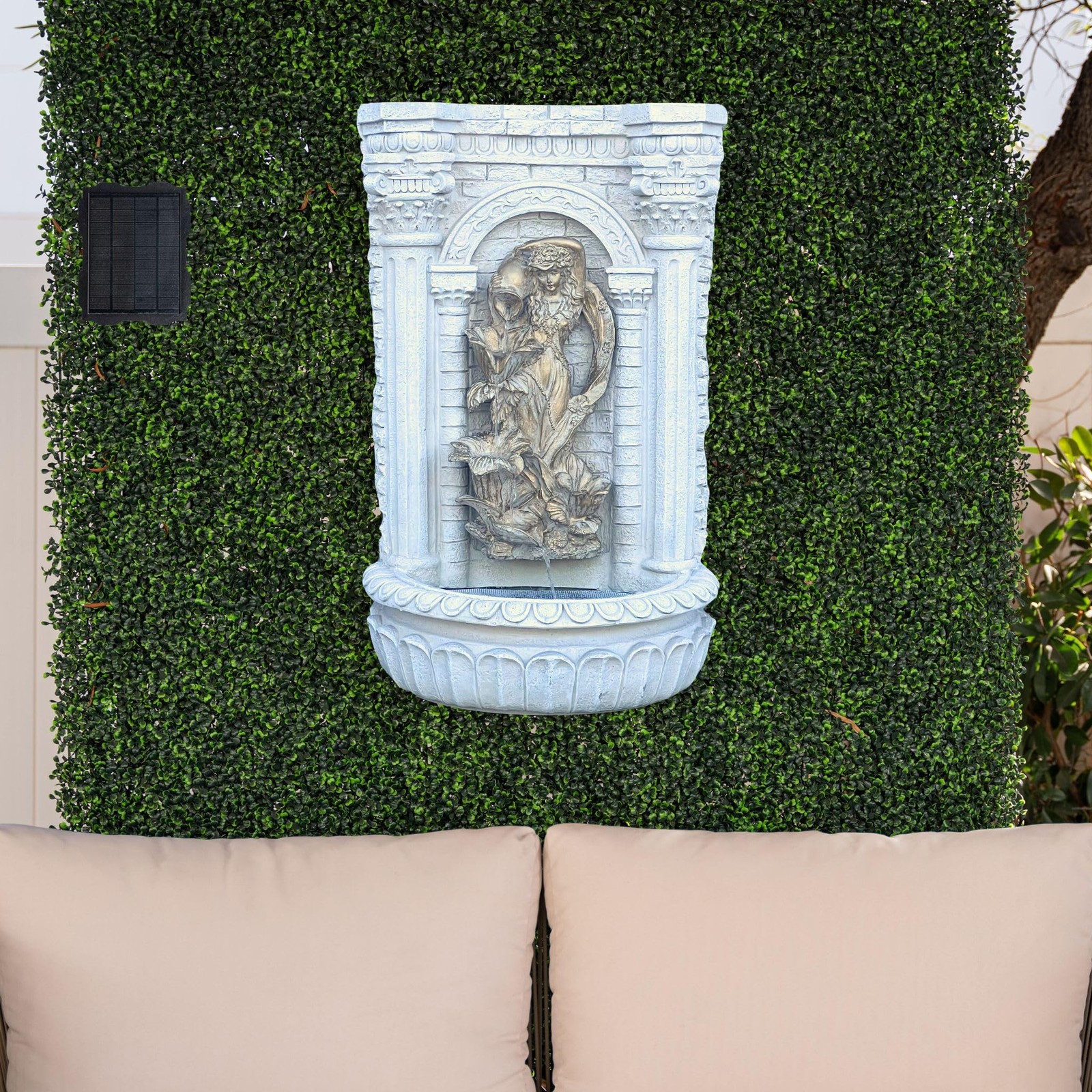 XBrand 30.3″ Solar Outdoor Wall Water Fountain with Gold Flower Maiden Statue…