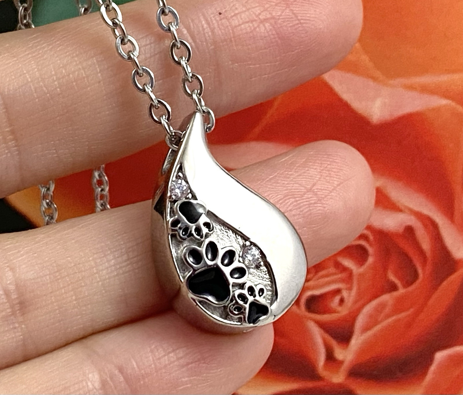 Pet Cremation Jewelry Necklace Pendant Urn Holds Ash Paw Print Dog Cat Teardrop