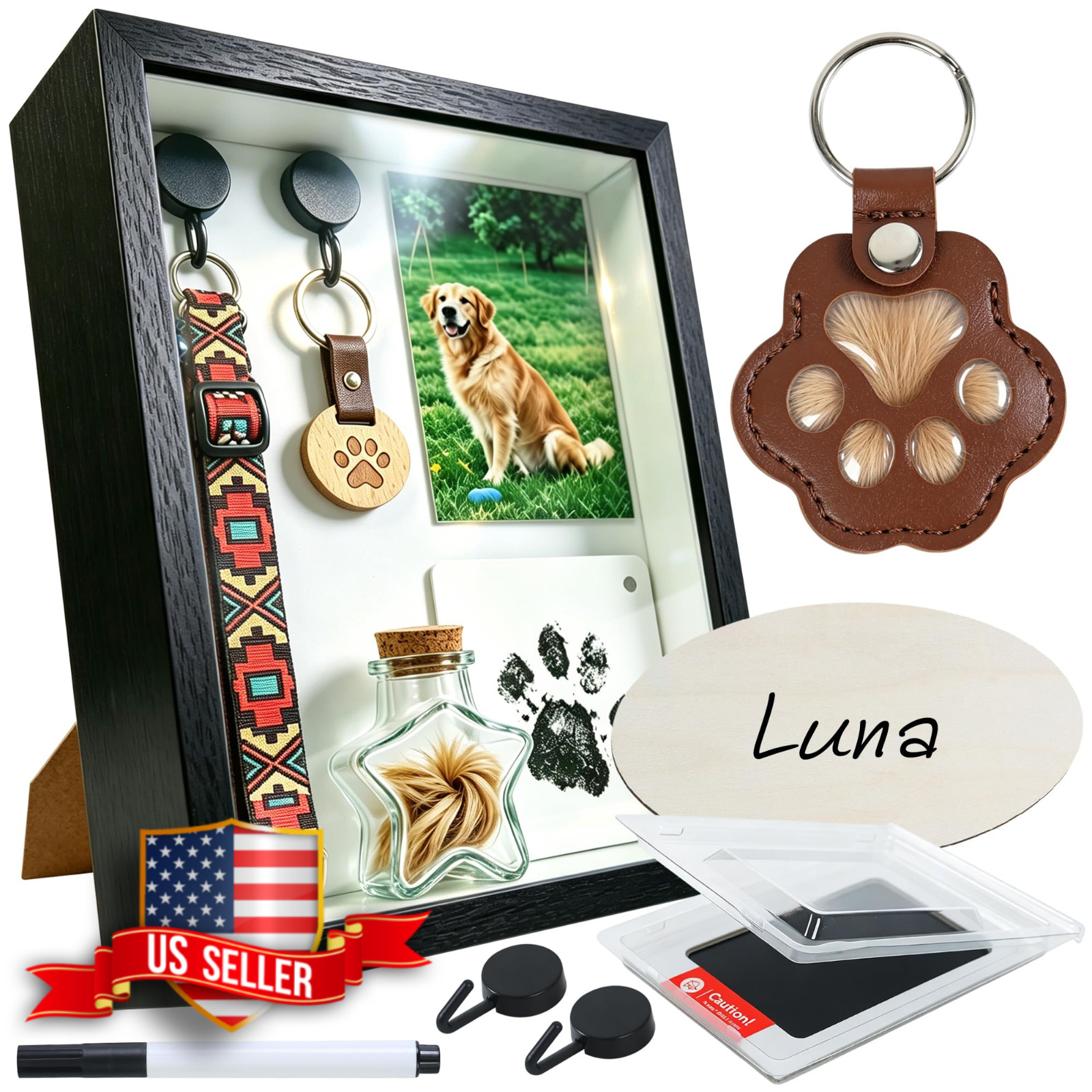 Pet Memorial Shadow Box with Paw Print Kit, Dog Cat Memory Keepsake Box