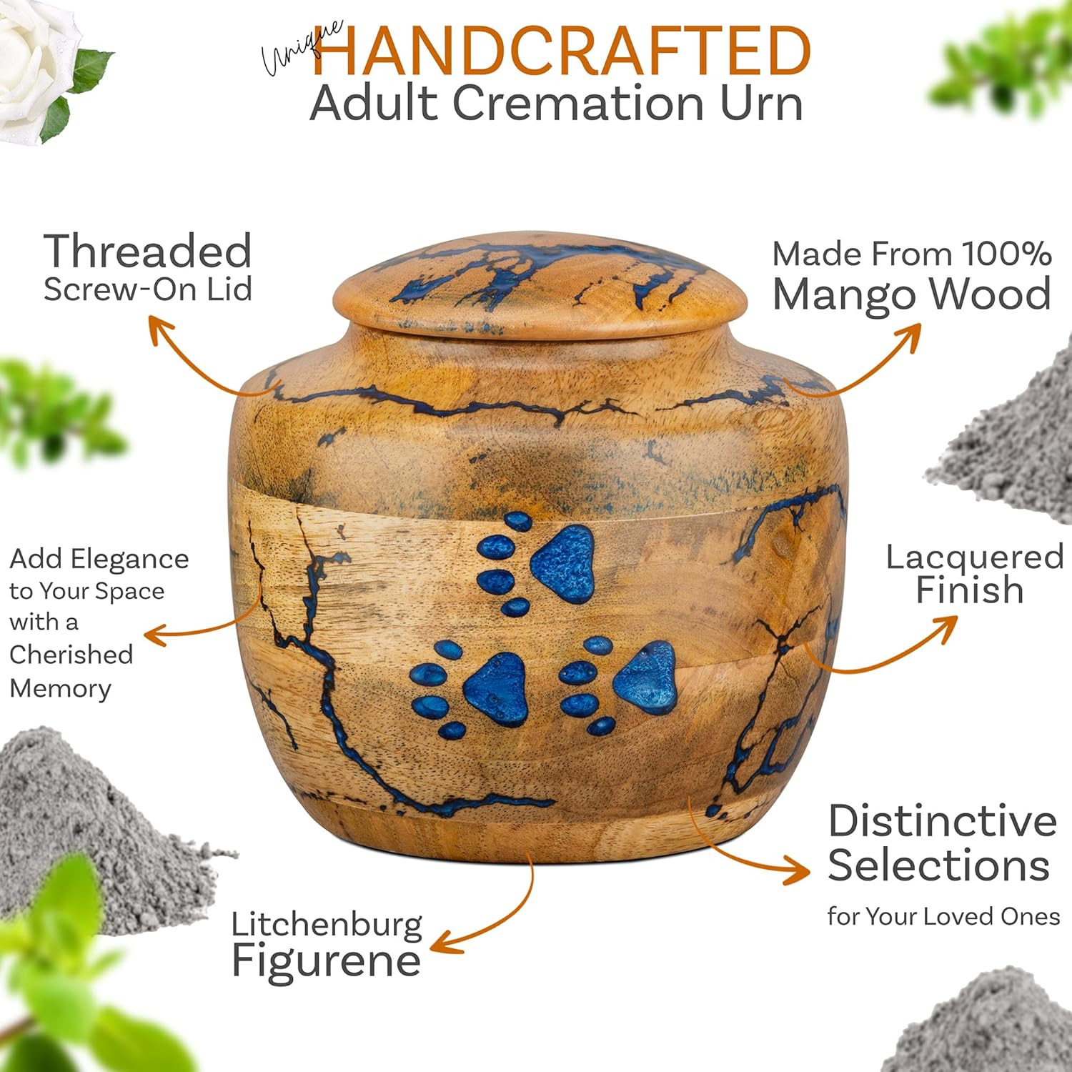Elegant Wooden Pet Urn with Blue Resin Paws – Medium Size Memorial Box