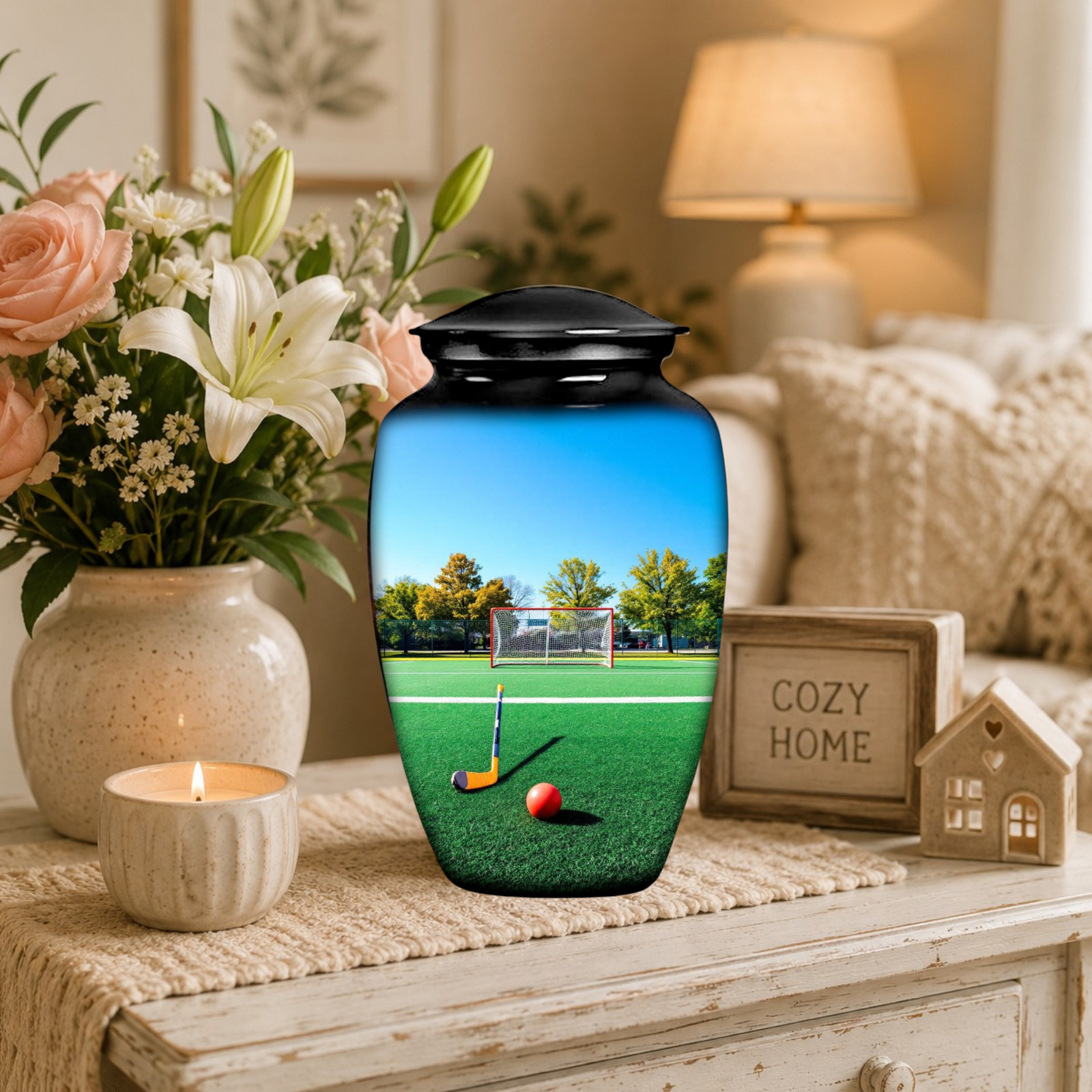New Hockey Cremation Large Black Urn Human Ashes w/Bag Earns for Men & Women