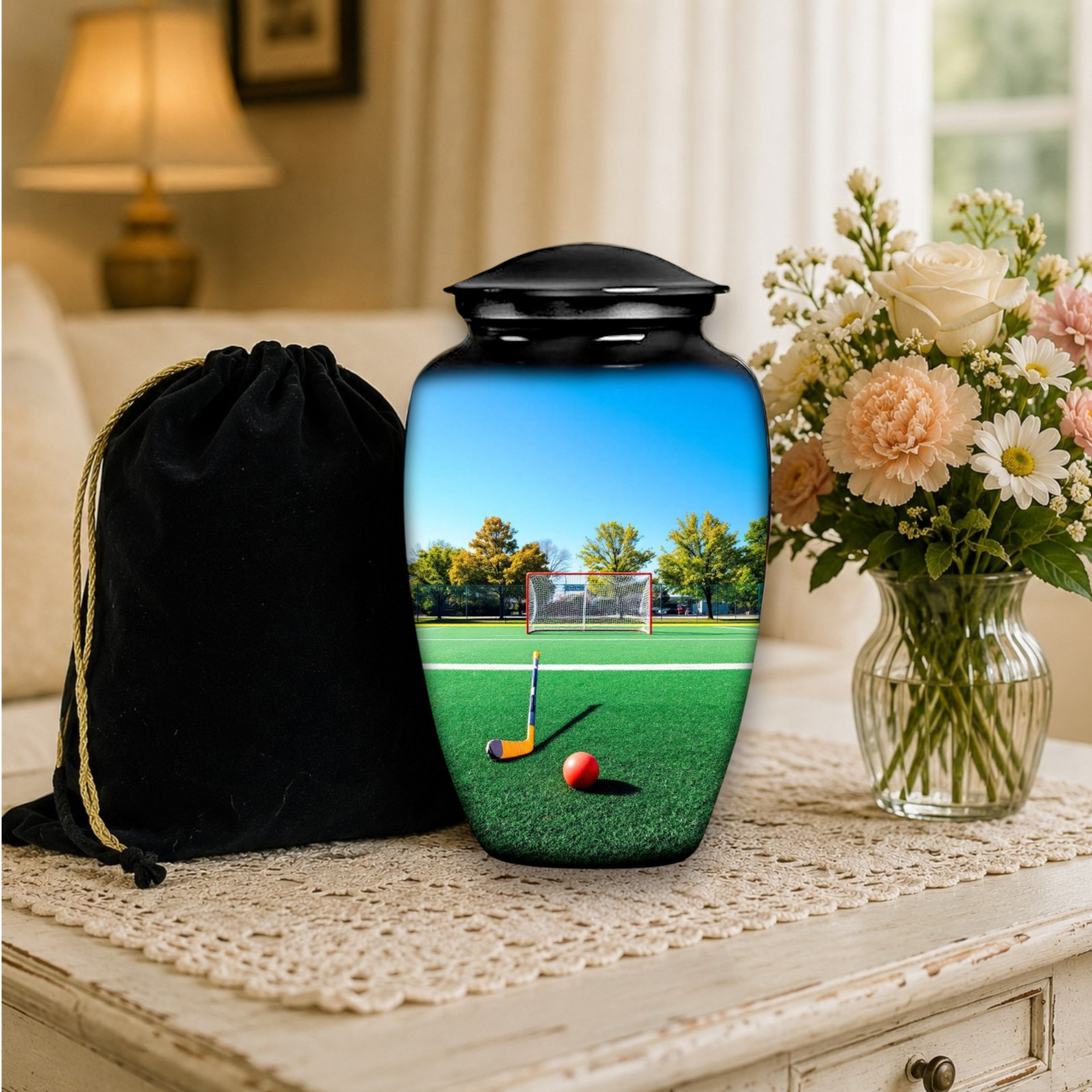 New Hockey Cremation Large Black Urn Human Ashes w/Bag Earns for Men & Women