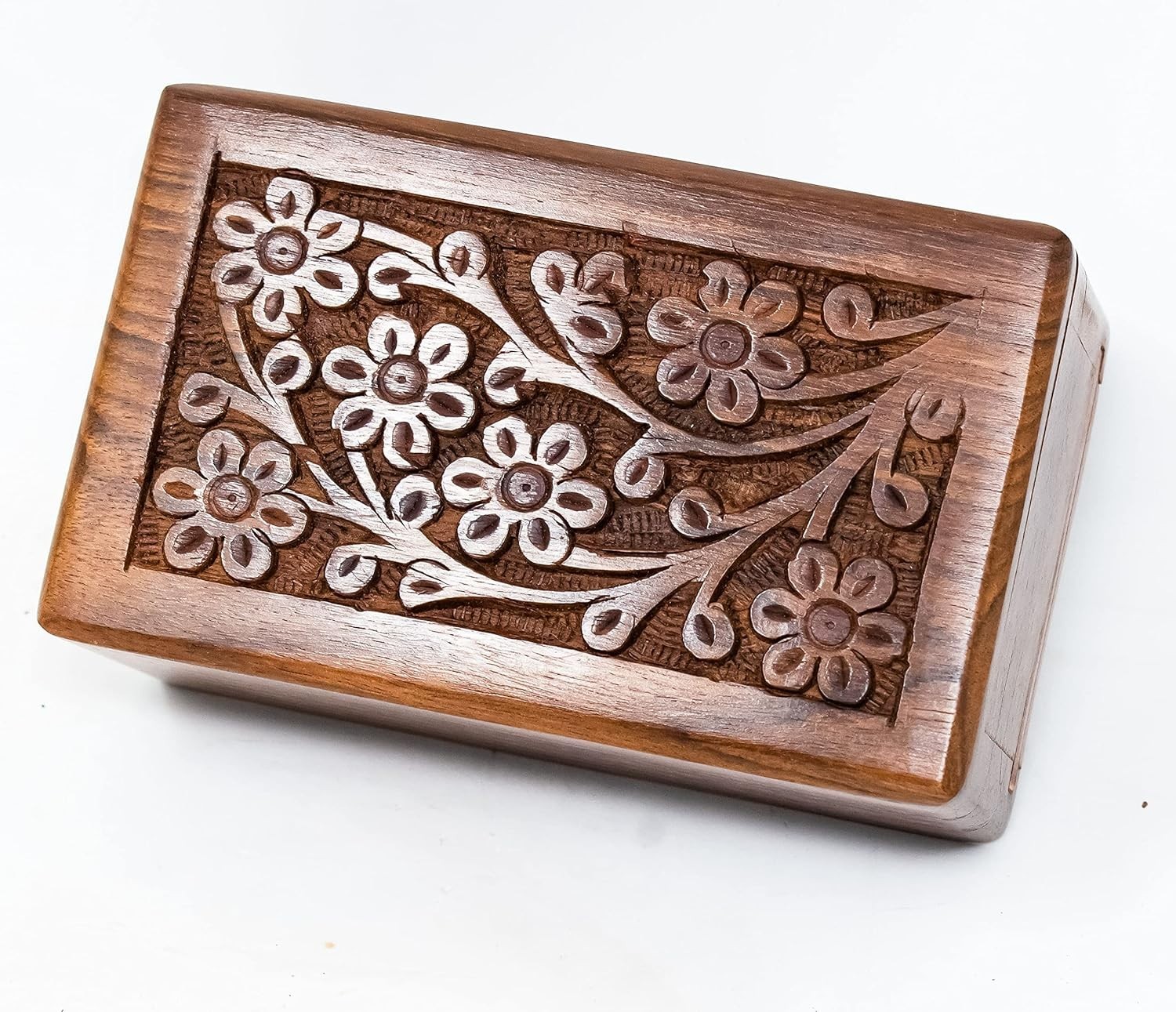 Wooden Ashes Urn Box Hand Carved Floral Memorial Keepsake (Medium Box)