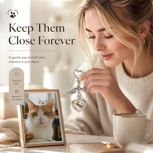 Pet Fur Keepsake Sympathy Gift, Dog Cat Memorial Locket Keychain with Card &