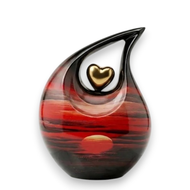 Red Sunset & Black Metal Teardrop Cremation Urn – 200 Cu In Ashes Men Women Urns