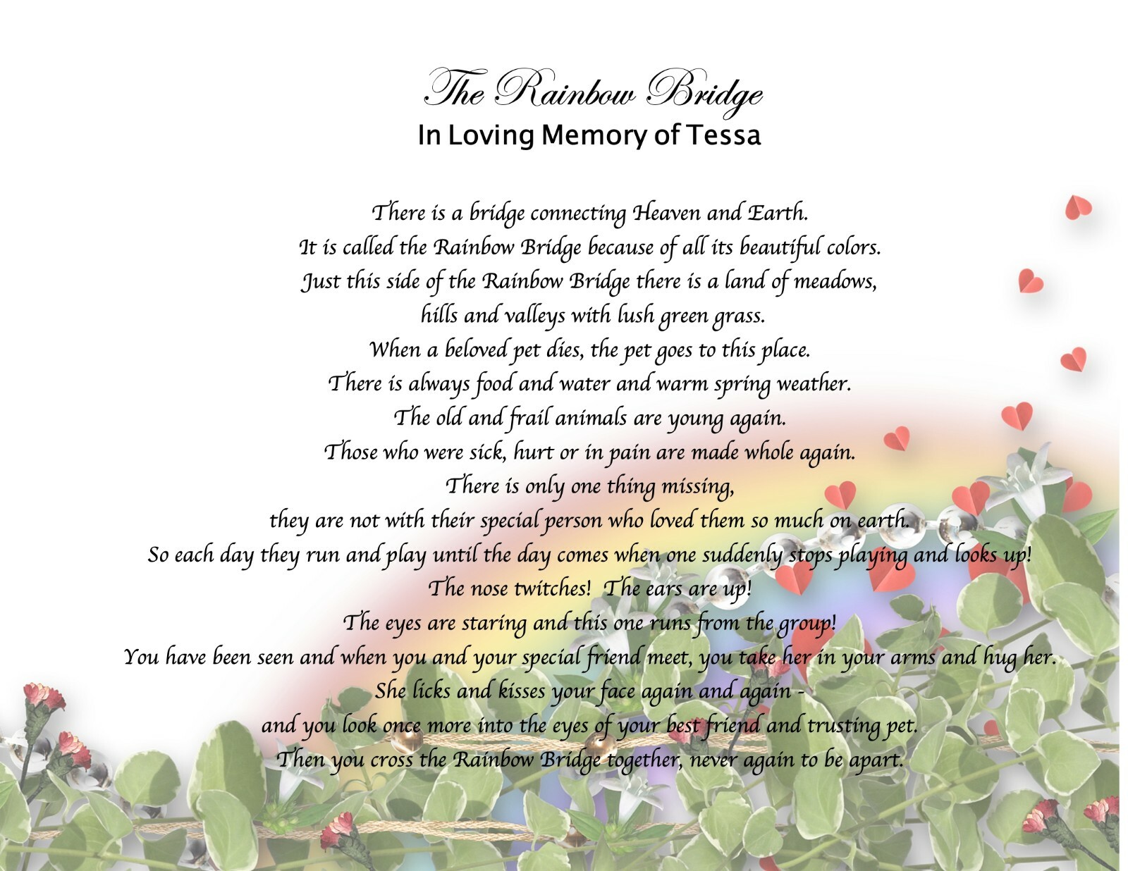 Pet Memorial Poem RAINBOW BRIDGE Personalized UNFRAMED Art Print Gift Dog, Cat
