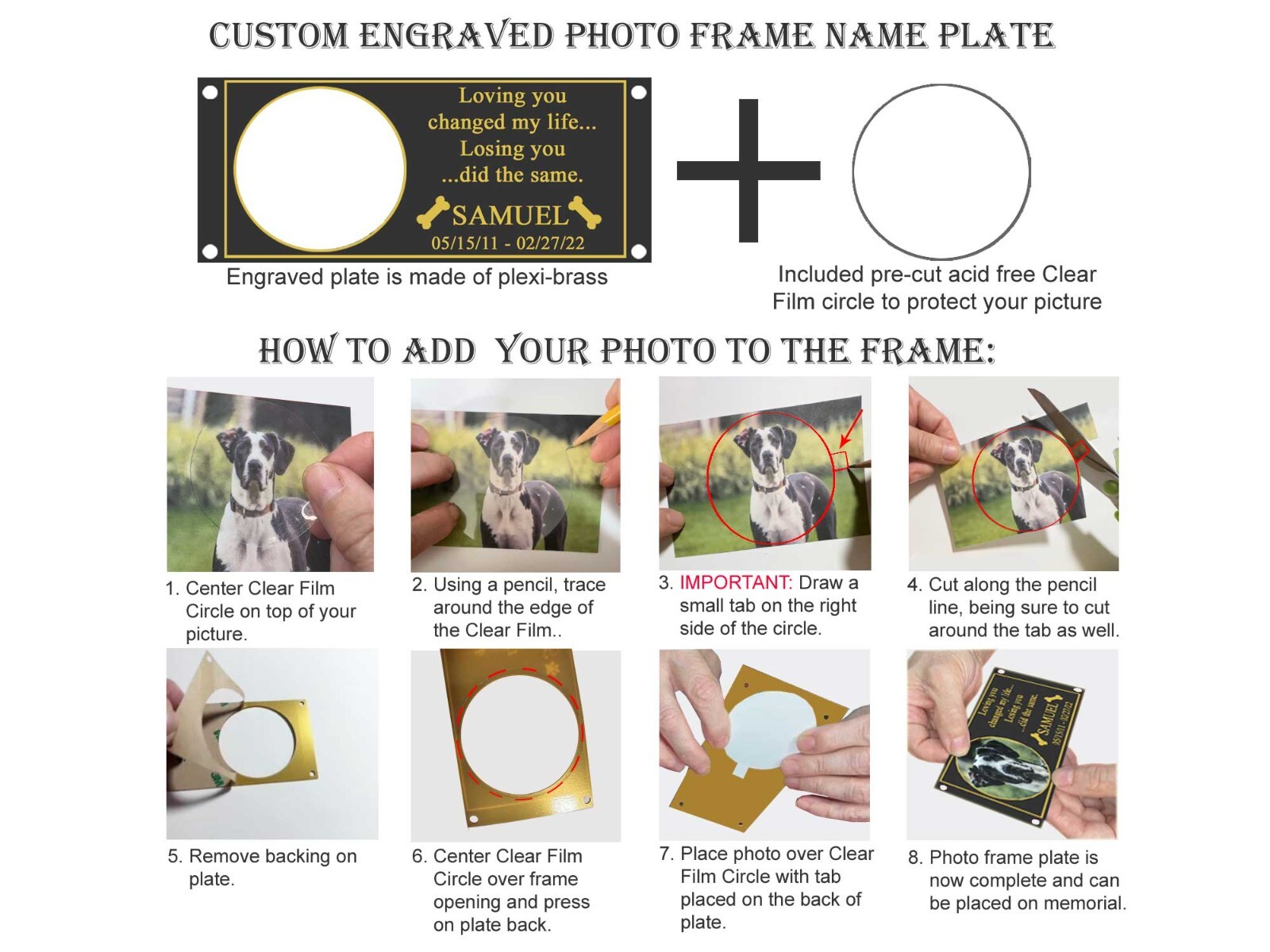 Custom Engraved Photo Frame Name Plate, Pet Loss Memorial Plaque, Dog, Cat, Any