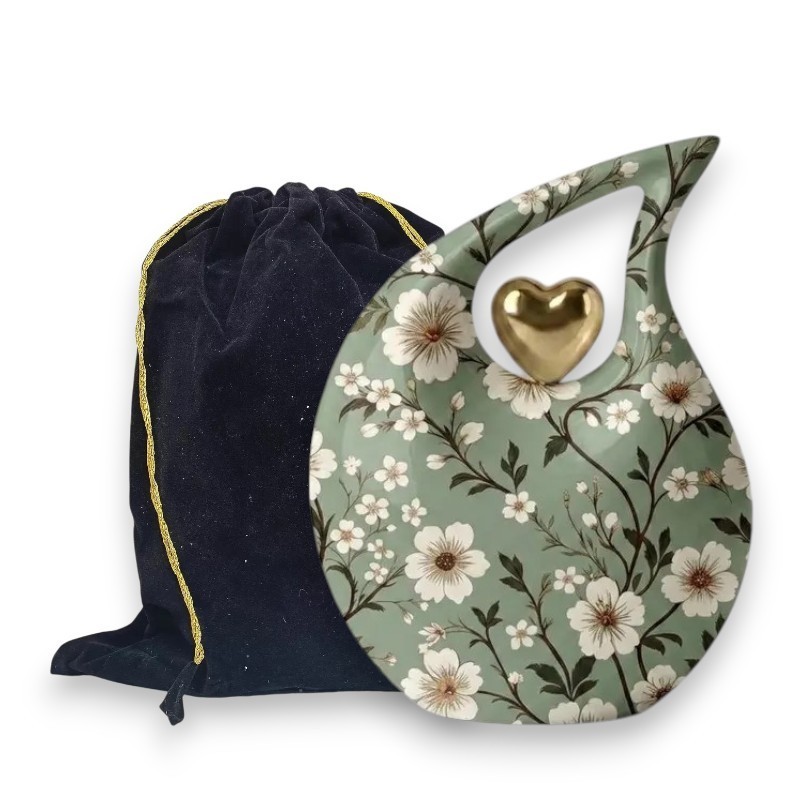 Teardrop Cremation Urn Sage Green Cherry Blossom Adult for Ashes Your Love Ones