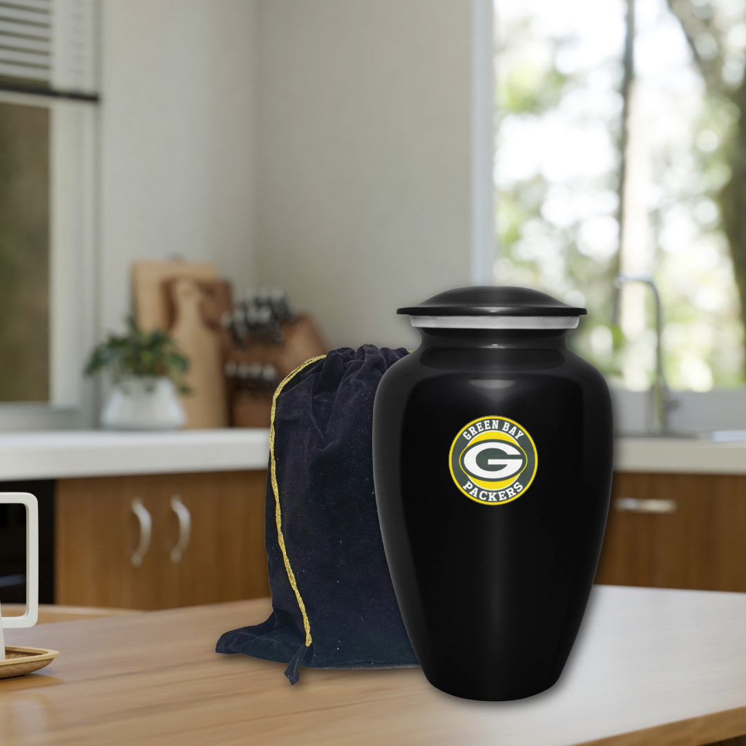 Large Green Bay Football Theme Cremation Black 10” Urn Adult Human Ashes w/Bag