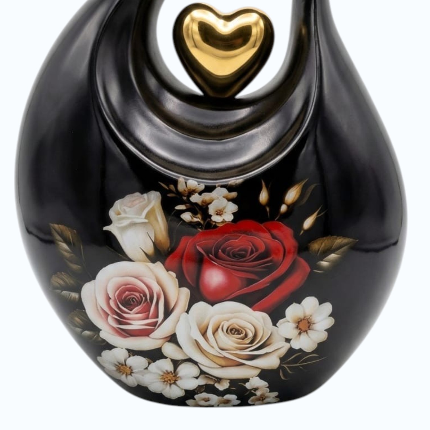 Black Teardrop with Golden Heart & Flower Print Urn for Ashes Men Women w/ Bag