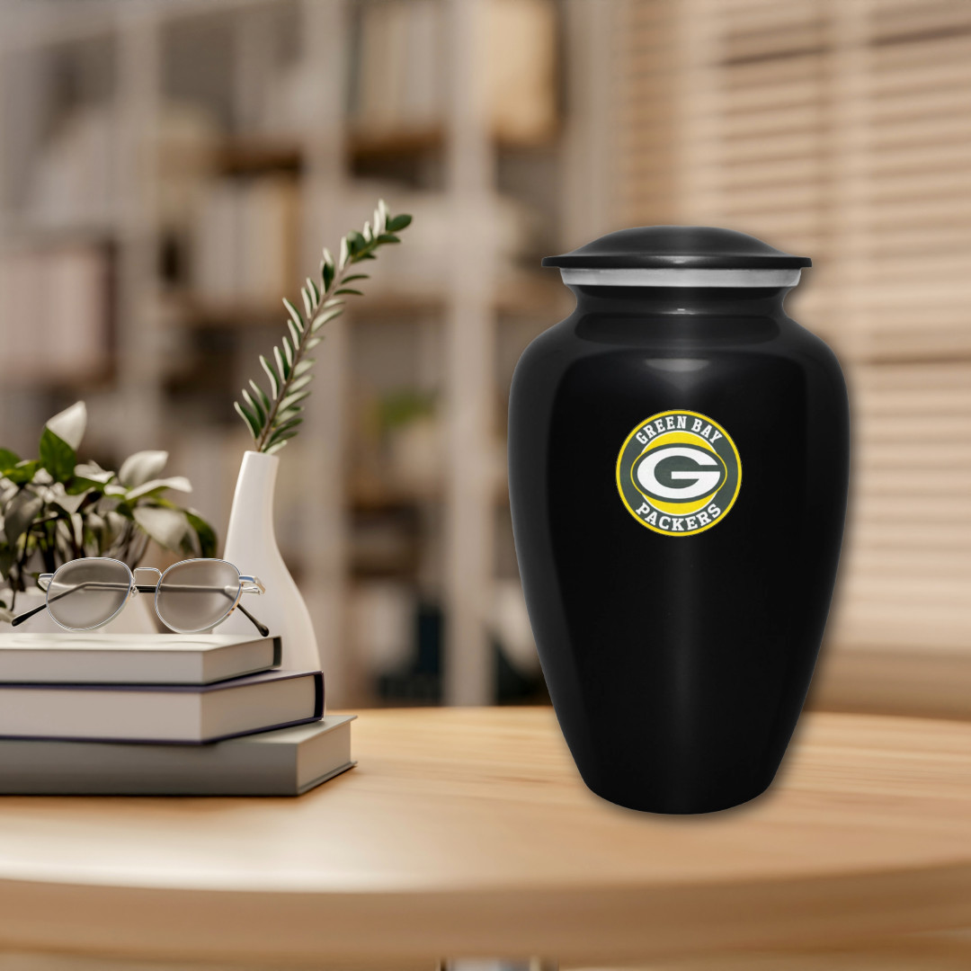 Large Green Bay Football Theme Cremation Black 10” Urn Adult Human Ashes w/Bag