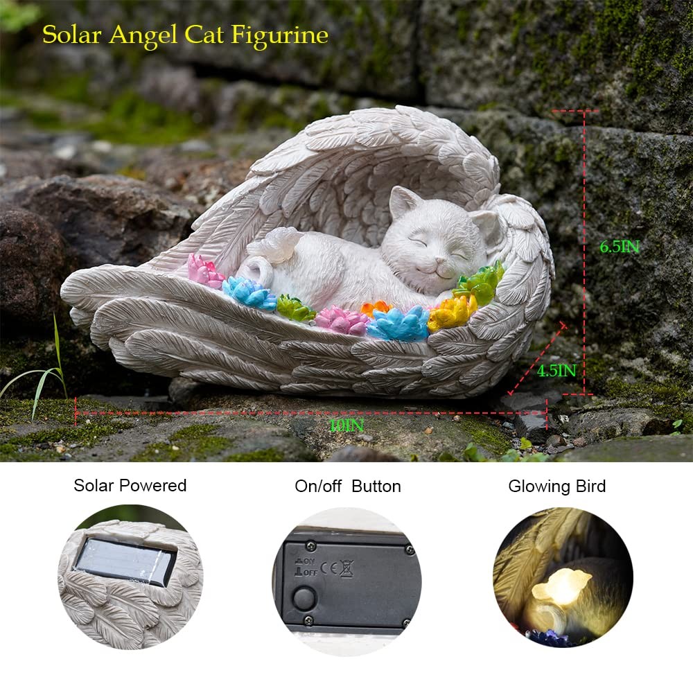 VKEVOC Cat Memorial Stone,Solar Angel Cat Statue Figurine – Pet Memorial Ston…