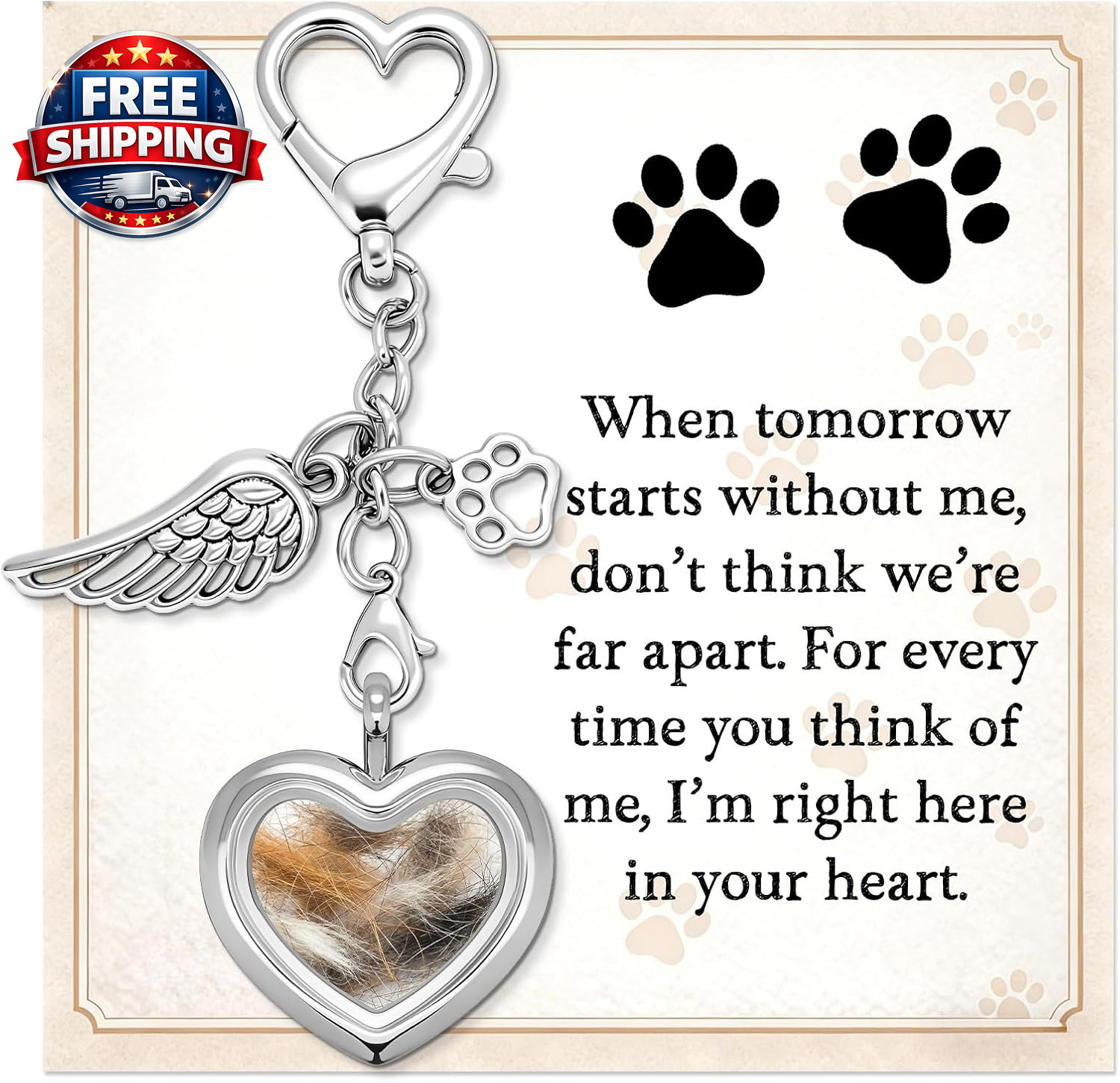 Dog Memorial Gift for Loss of Dog, Pet Hair Keepsake with Angel Wing Charm, Rain