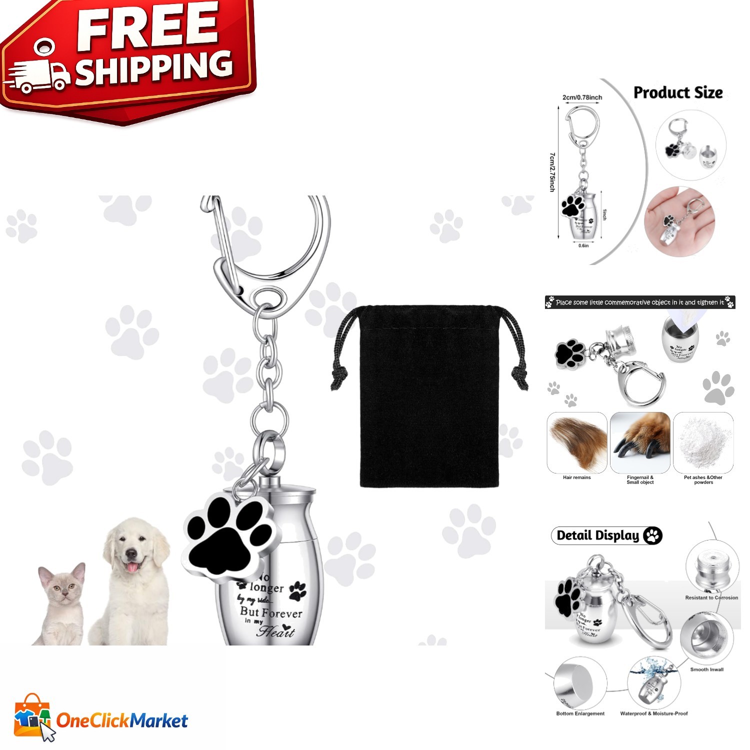 Elegant Stainless Steel Pet Urn Keychain with Paw Design – 2.76″ Keepsake