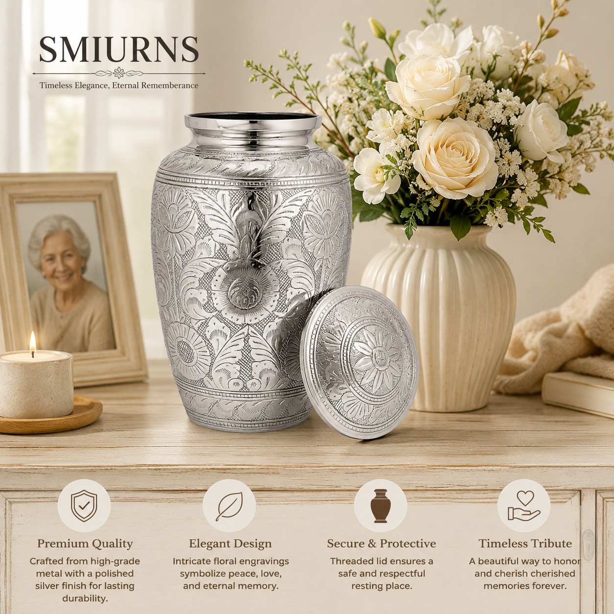 Silver Cremation Urn for Human Ashes Adult Large Funeral Urn 10.5″ Metal Urns