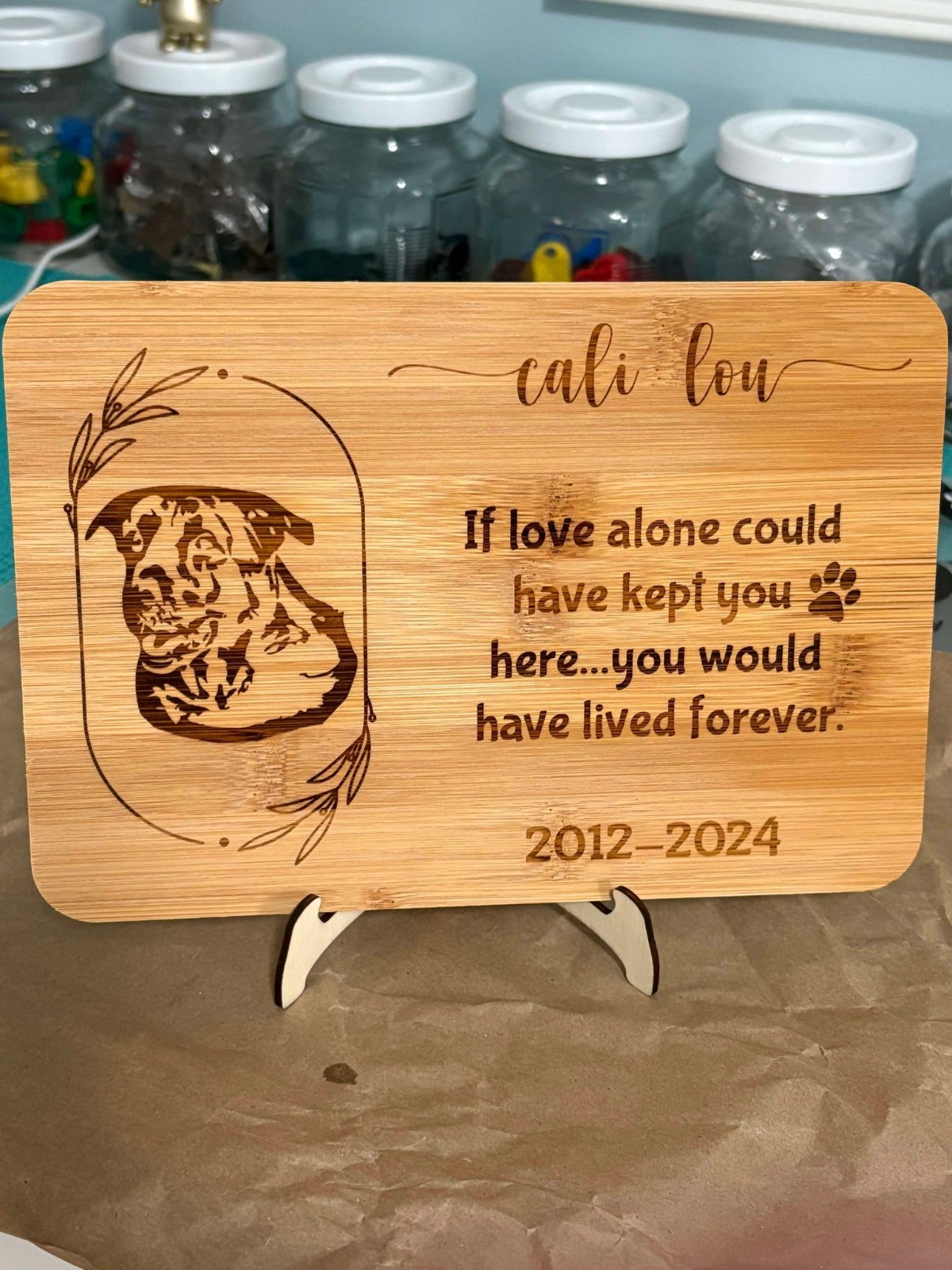 Laser Engraved Pet Memorial Plaque Custom Bamboo Wood with Easel