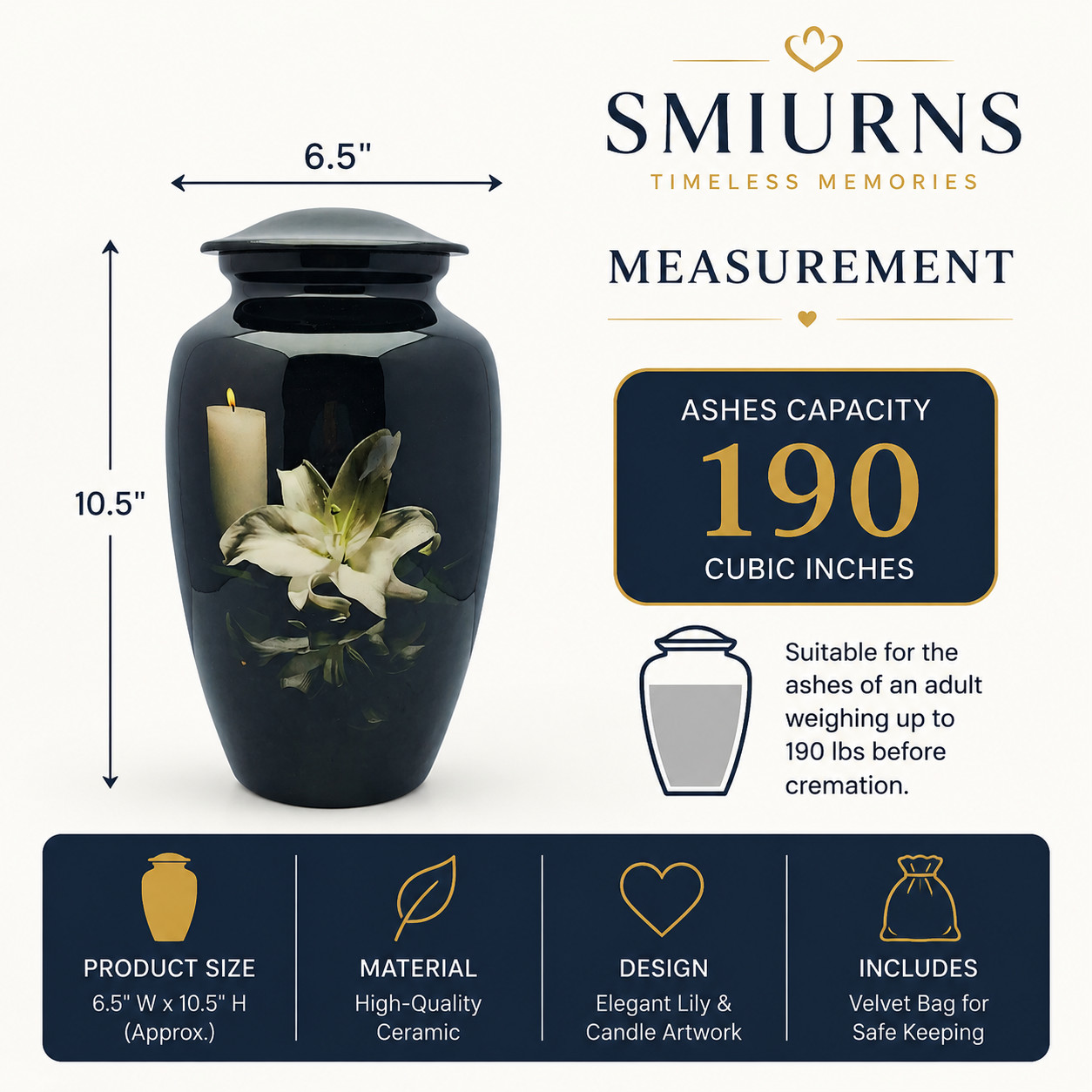 Black Lily Cremation Urn for Human Adult Ashes 190 Cu In Urns Male & Female