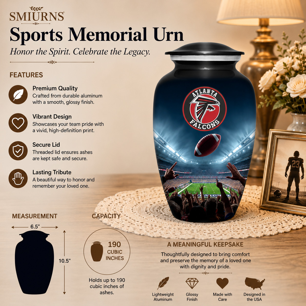 Football Cremation Urn for Human Ashes Adult Large Atlanta Falcons Urns 10.5″