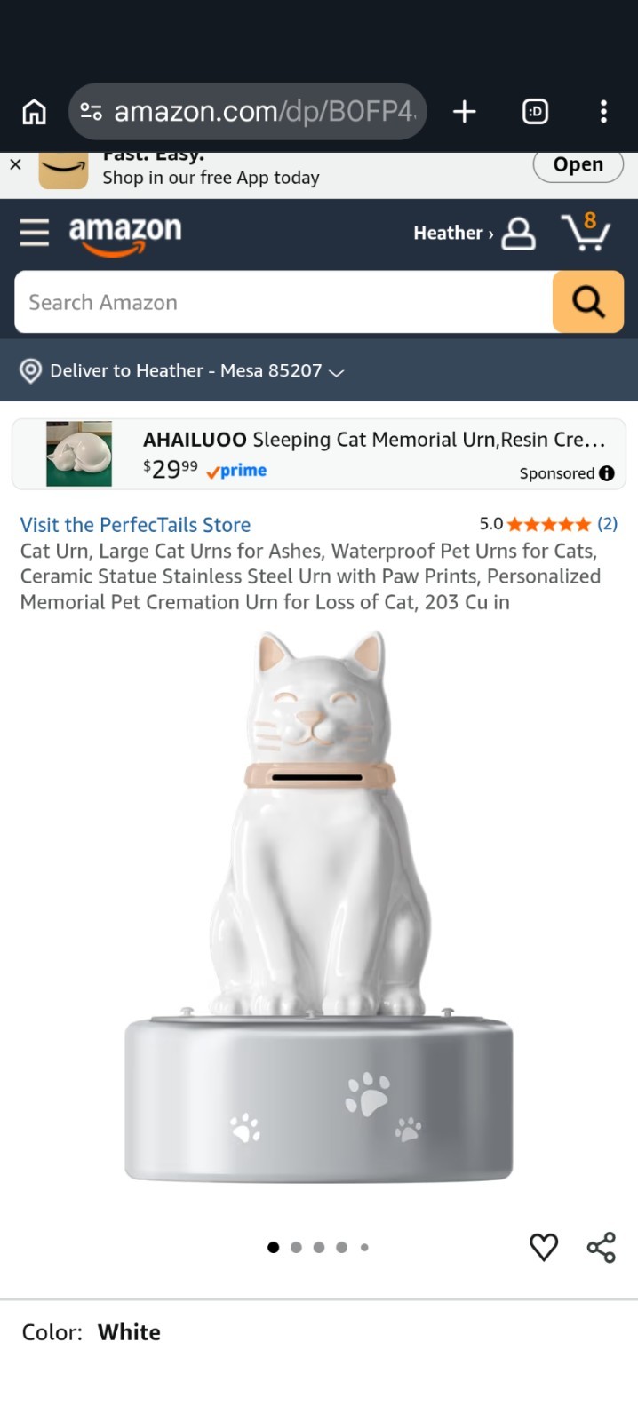 PerfecTails Cat Urn, Large Urns for Ashes, Waterproof Pet White