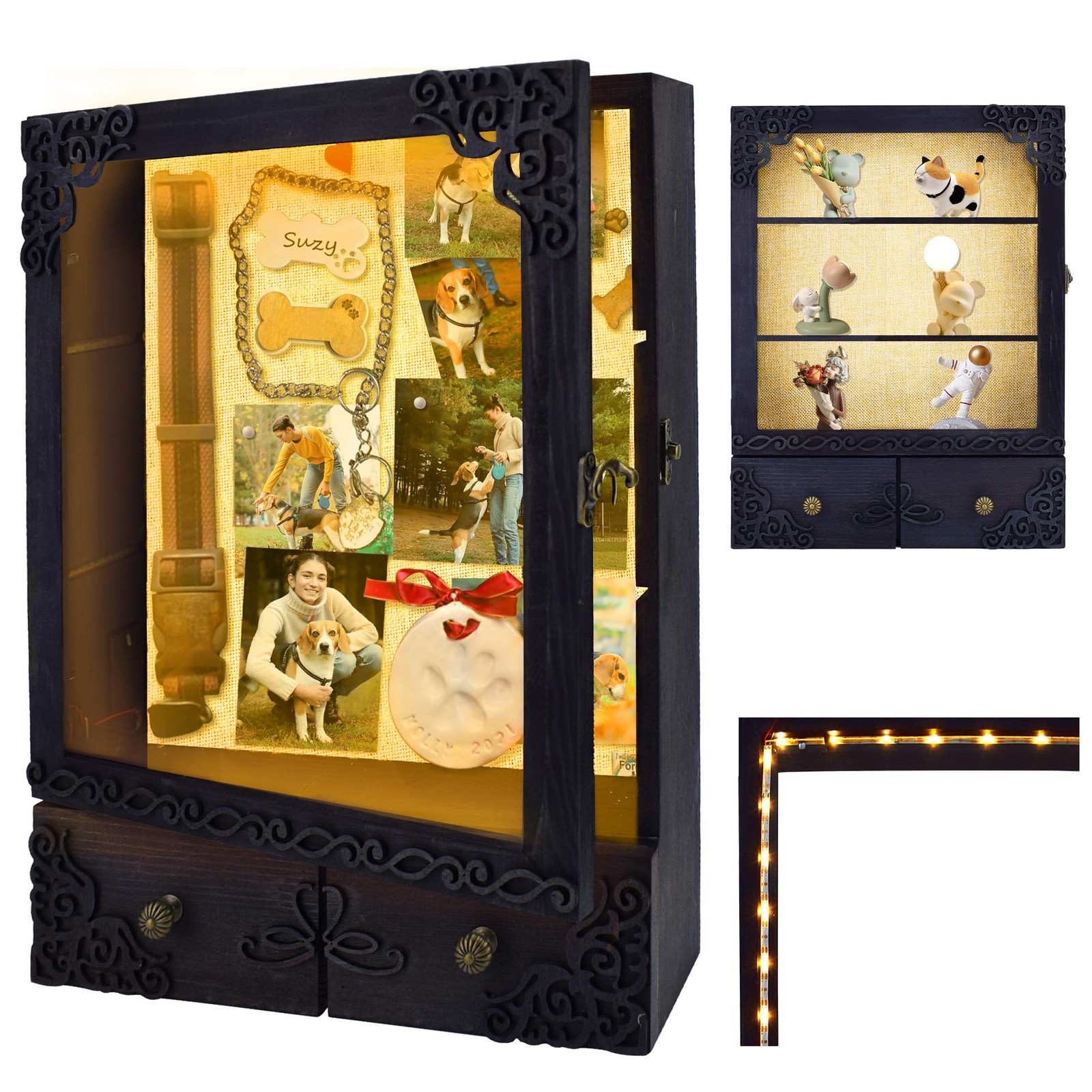11×16 Shadow Box Frame with Light, Memorial Display Case with Shelves, Drawer…