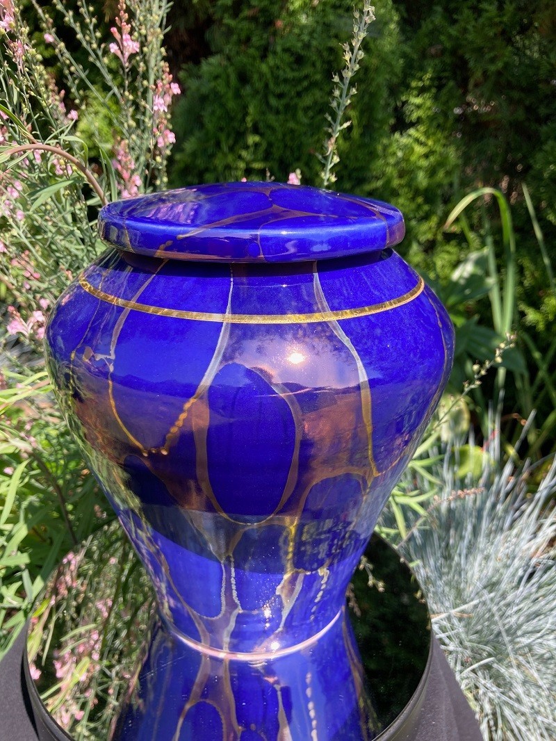 Handmade Ceramic Cremation Urn Keepsake Vessel in Royal Blue with Gold, 150 ci