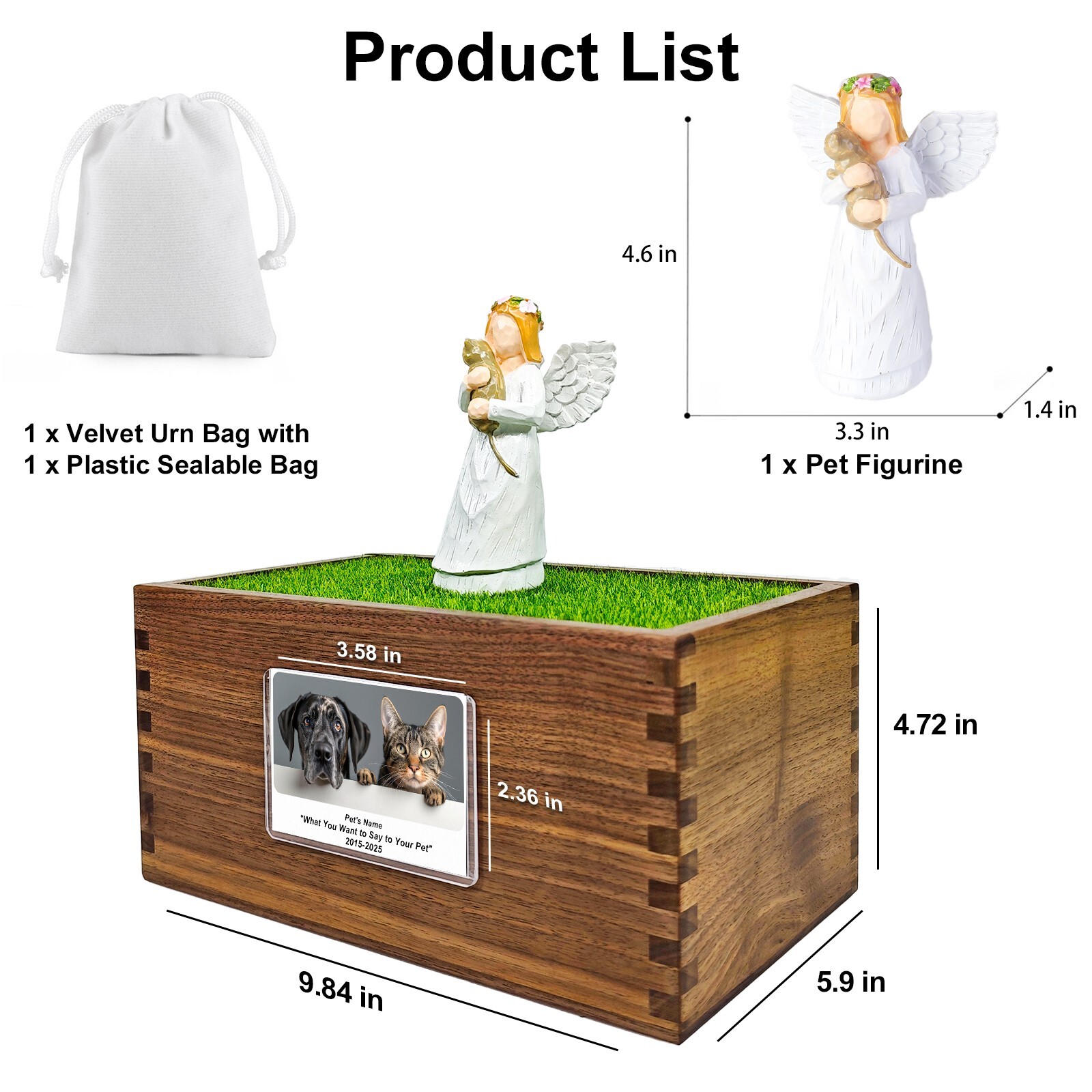 Cat Pet Memorial Urn Black Walnut Material With Photo Frame And Angel Sculpture