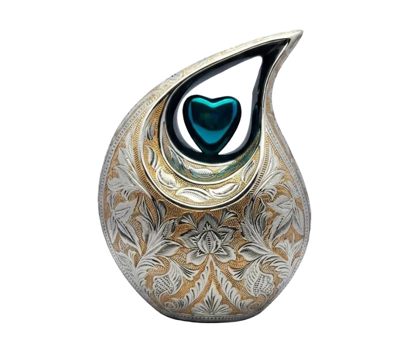 Elegant Teardrop Cremation Urn Hand-Engraved Aluminum with Teal Heart Accent