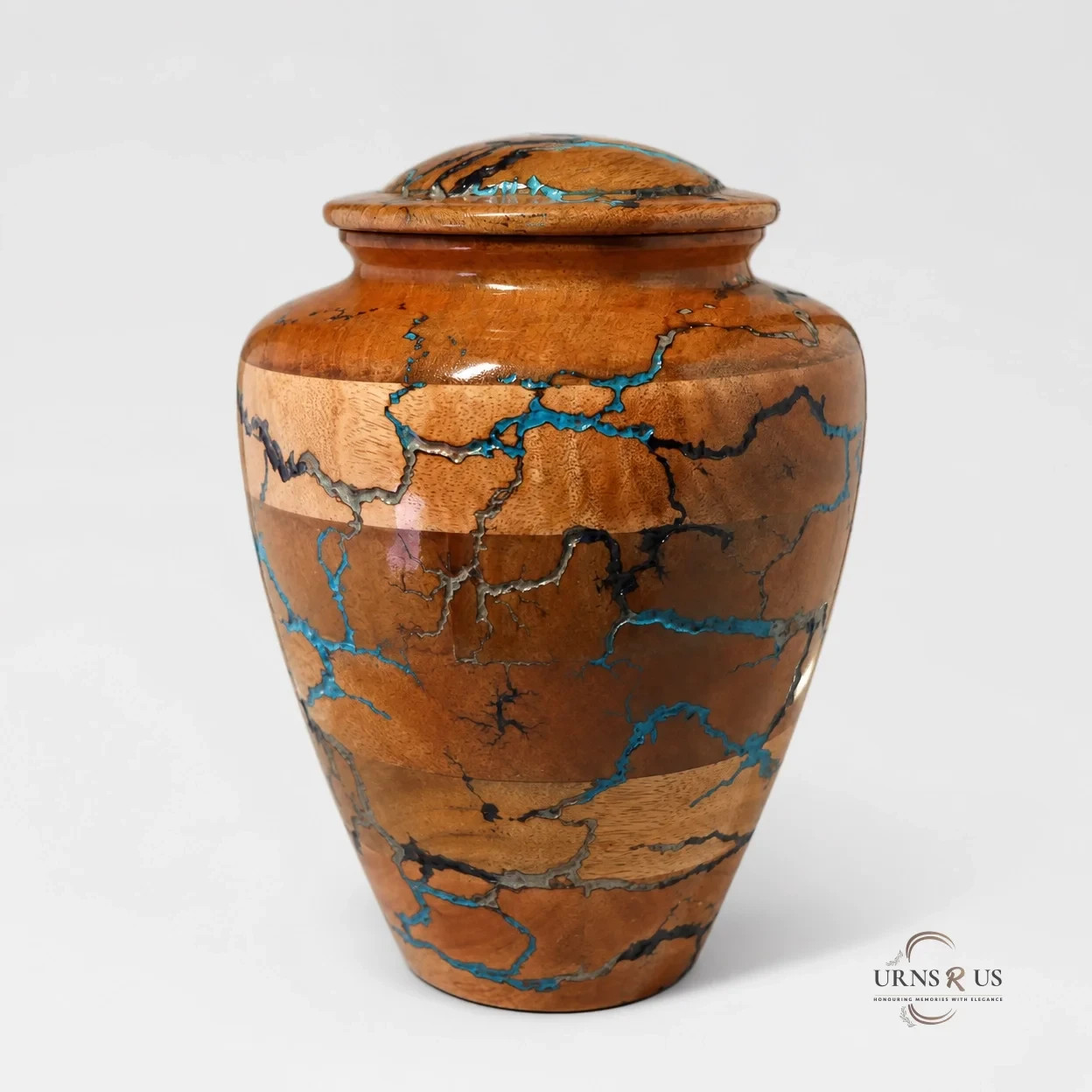 Azure Lightning Wooden Adult Cremation Urn – Handcrafted Fractal Design Urn