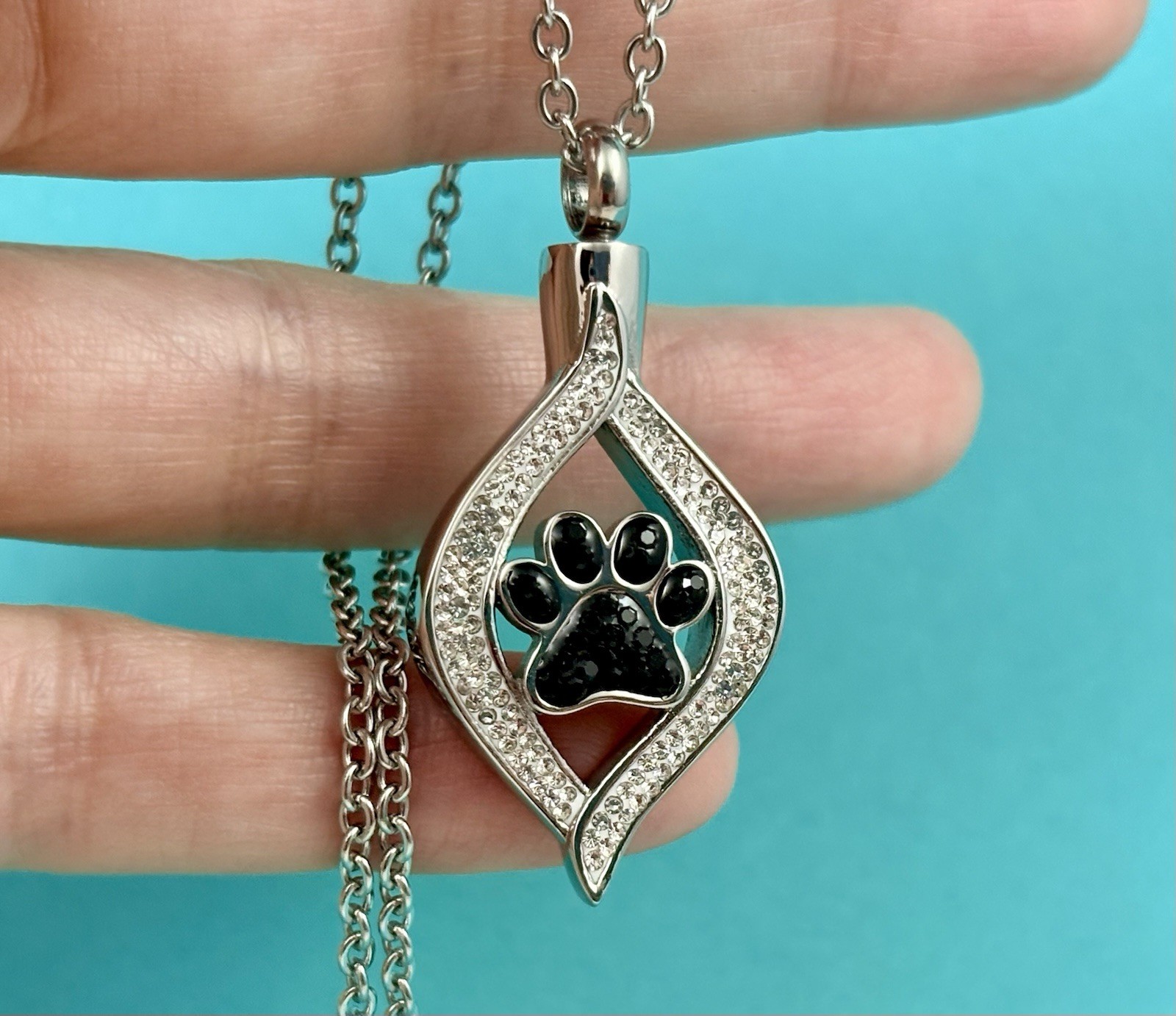 Pet Cremation Jewelry Necklace Pendant Urn Holds Ash Paw Print Dog Cat Crystals