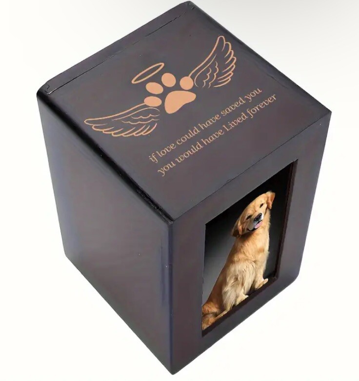 Pet Urn 6″x4″ Photo Dark Brown Keepsake Box Dogs Cats Ashes Memorial Slide Open