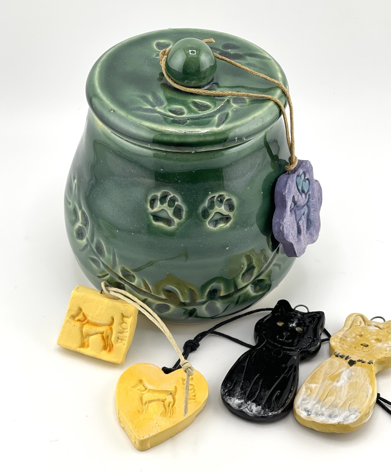 PET URN Hand Carved Pottery Cremation Ashes & Memorabilia EMERALD GREEN S/M New