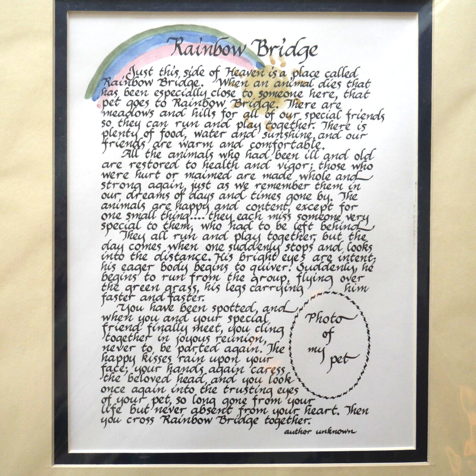 “The Rainbow Bridge” Pet Memorial Poem For Loss of a Beloved Pet 11×14 mat VTG