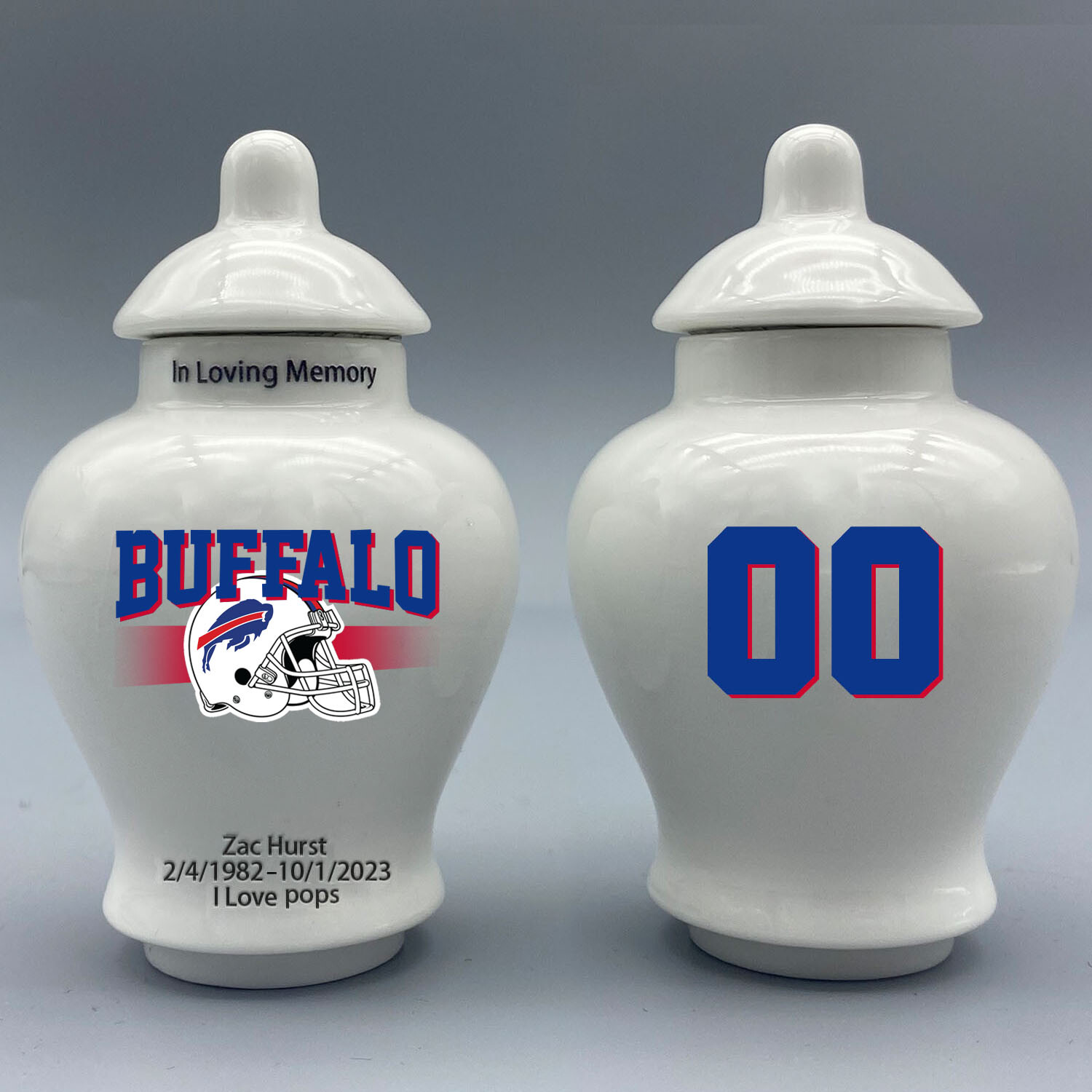 Ceramic Football Urn – Buffalo Bills Theme, Custom Text & Number