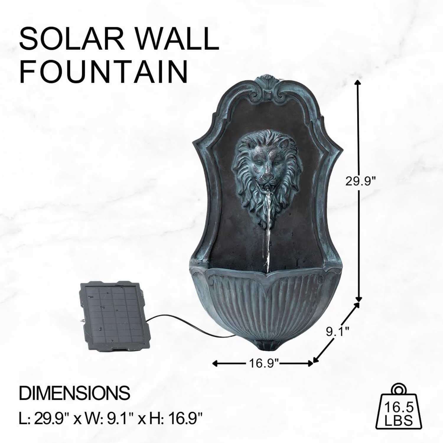 XBrand 30″ Solar-Powered Wall-Mounted Lion Head Fountain, Resin, Outdoor, Gray