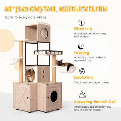 63 Multi-Functional Cat Tree With Litter Box – Includes Removable Washable Cushi