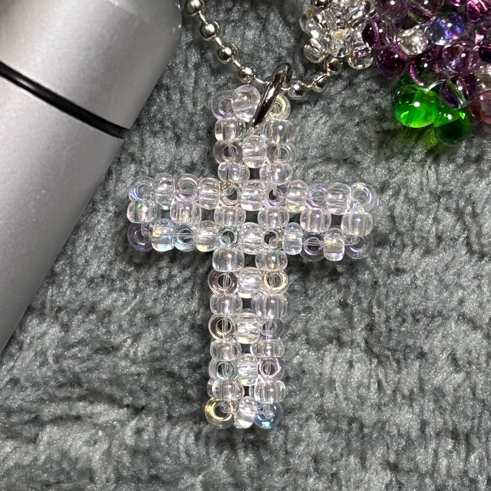 Cremation Ashes Keychain – Cremation Keepsake(clear cross and paple ornaments)