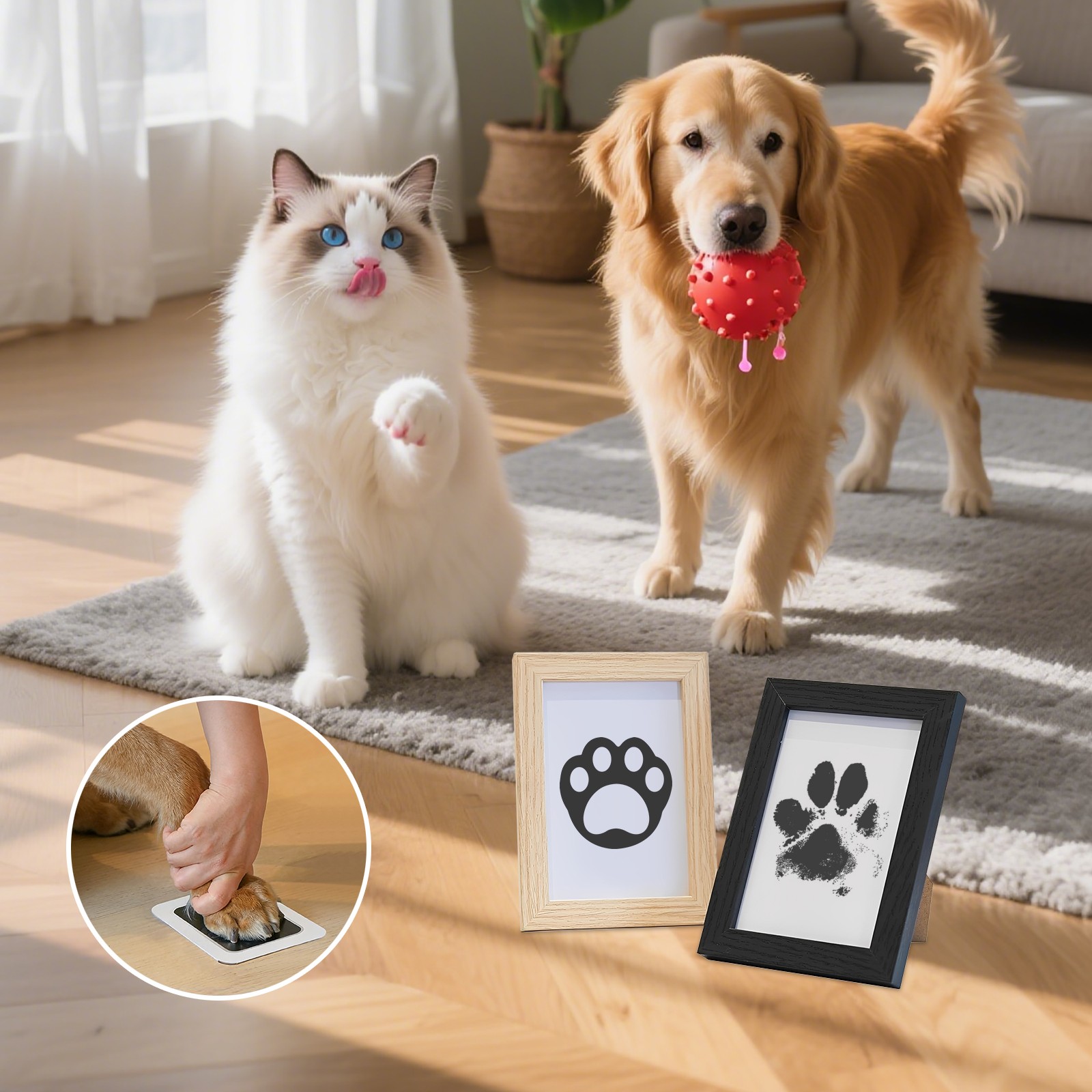 Non-Toxic Ink-Free Paw Print Kit W/ Pine Wood Frame for Cats, Dogs, or Babies
