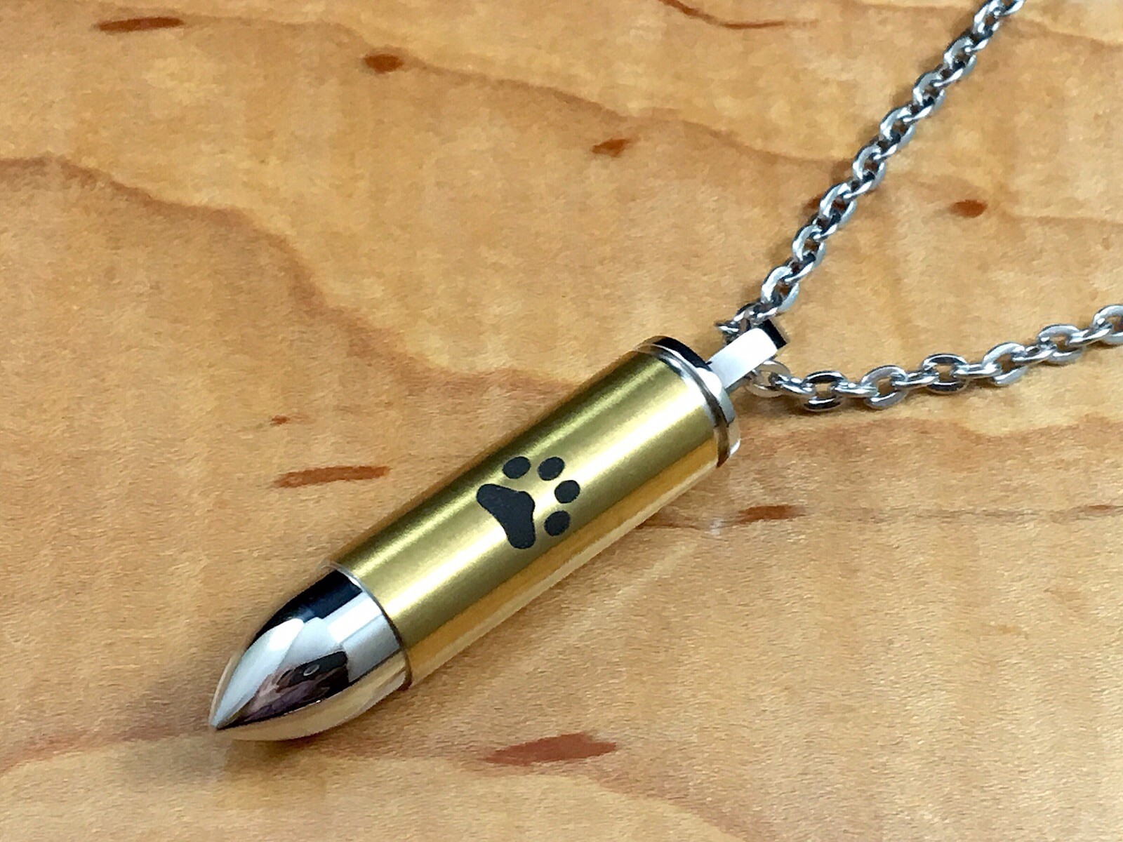 Mens Bullet Cremation Necklace Pendant Urn 4 Ashes LARGE VIAL Pet Paw Print Dog