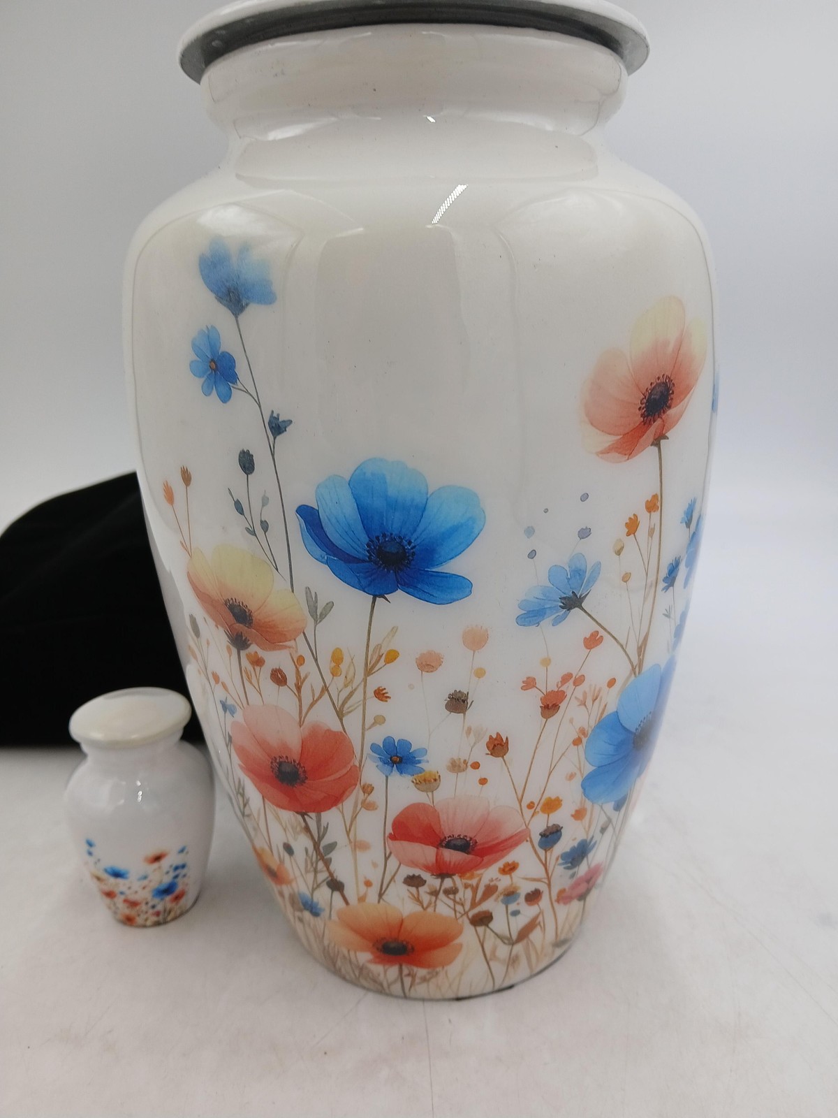 Floral Cremation Urn Set Large & Mini Keepsake White Colorful Flowers Bag