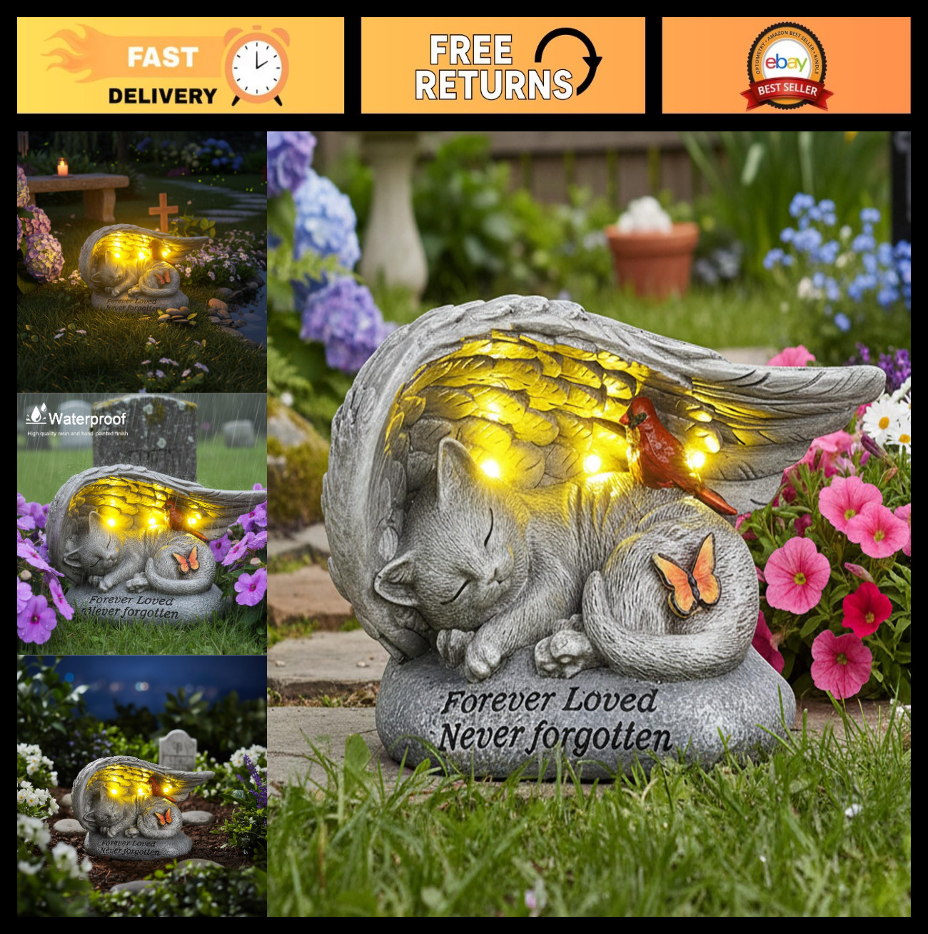 Solar Cat Memorial Stone – 8″ Angel Wing Cardinal Butterfly, Outdoor Pet Loss Gi