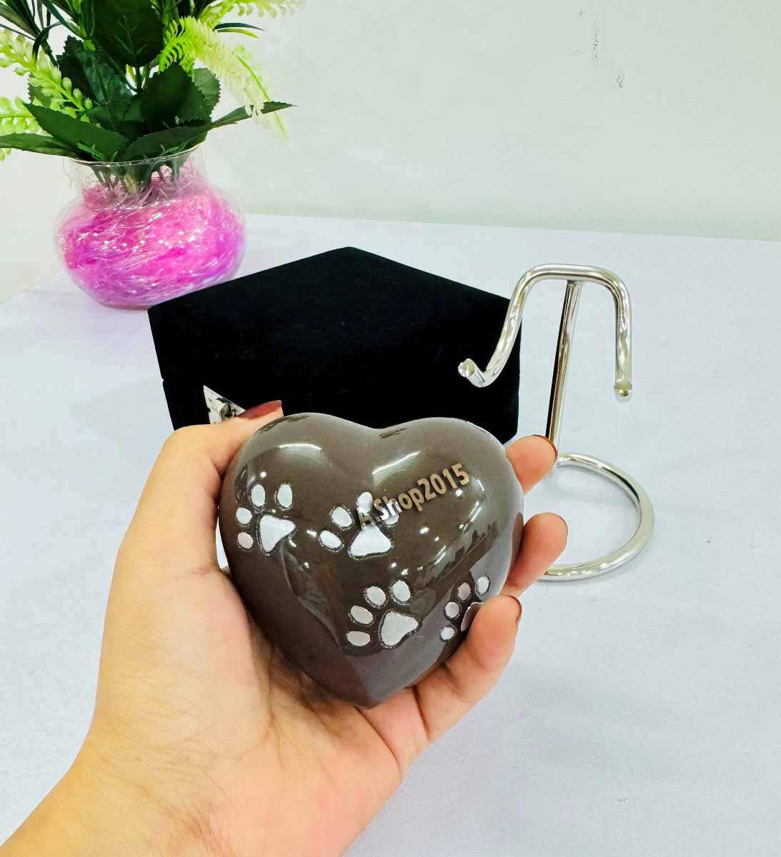 Dark Brown Foot Print Mini Heart Urn Cremation Urn For Human Ashes,With Stand