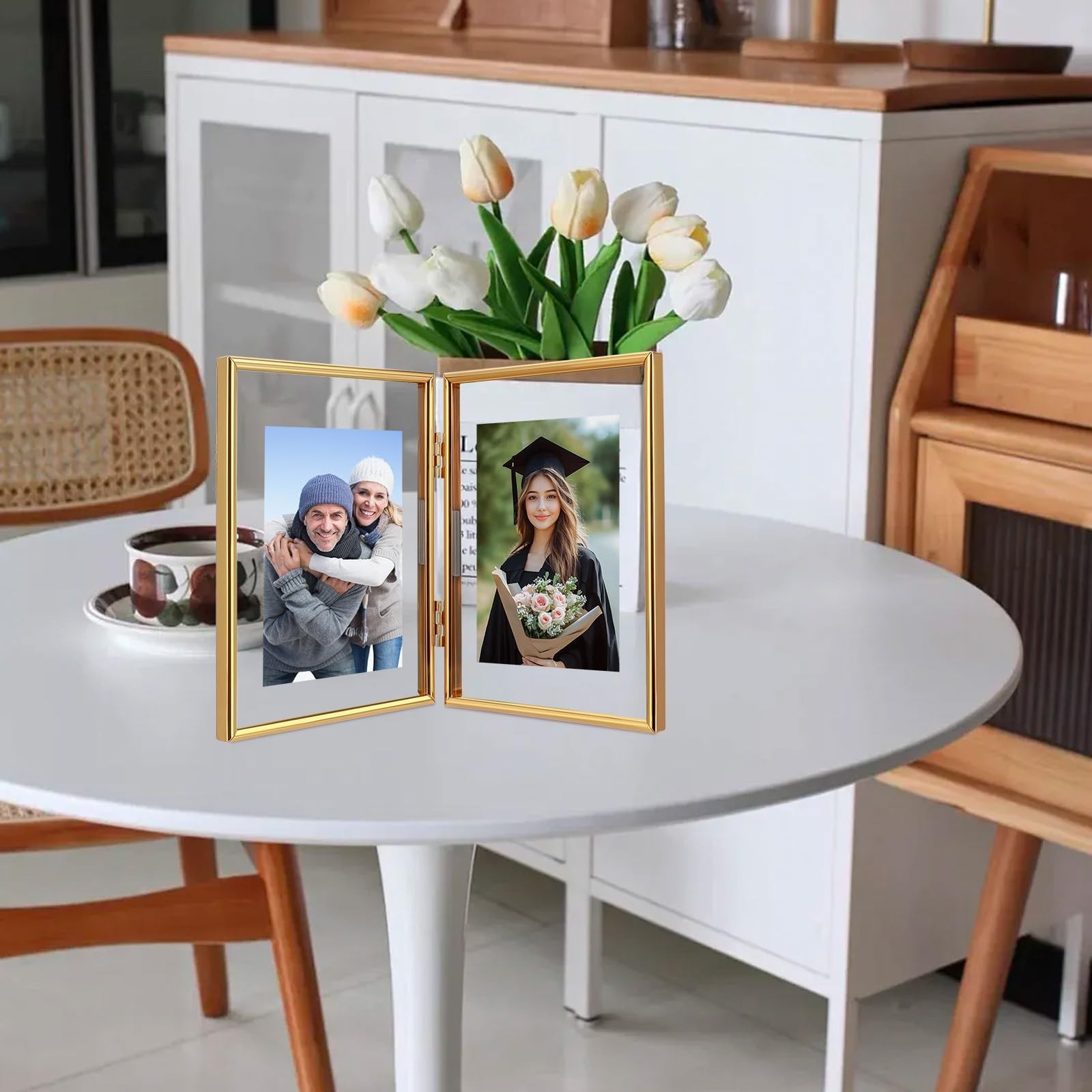 Folding Double Frame, Gold Floating Picture Frame with Hinge, For 5″×7″ 4″&
