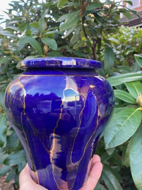 Handmade Ceramic Cremation Urn Keepsake Vessel in Royal Blue with Gold, 150 ci