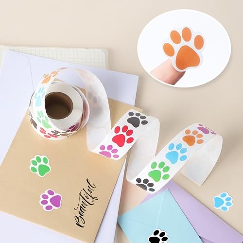 500 Pcs Paw Print Sticker, 1″ Colorful Cute Dog Cat Paw Sticker Small 6 Colors