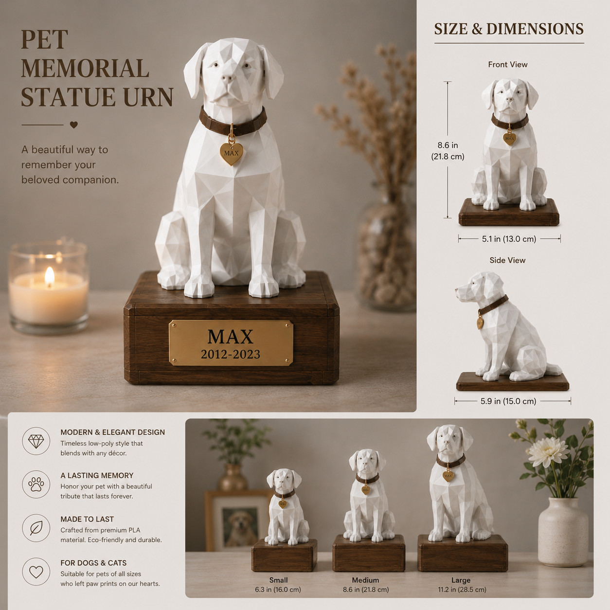 Personalized Pet Memorial Statue Urn – Custom Nameplate for Dog & Cat