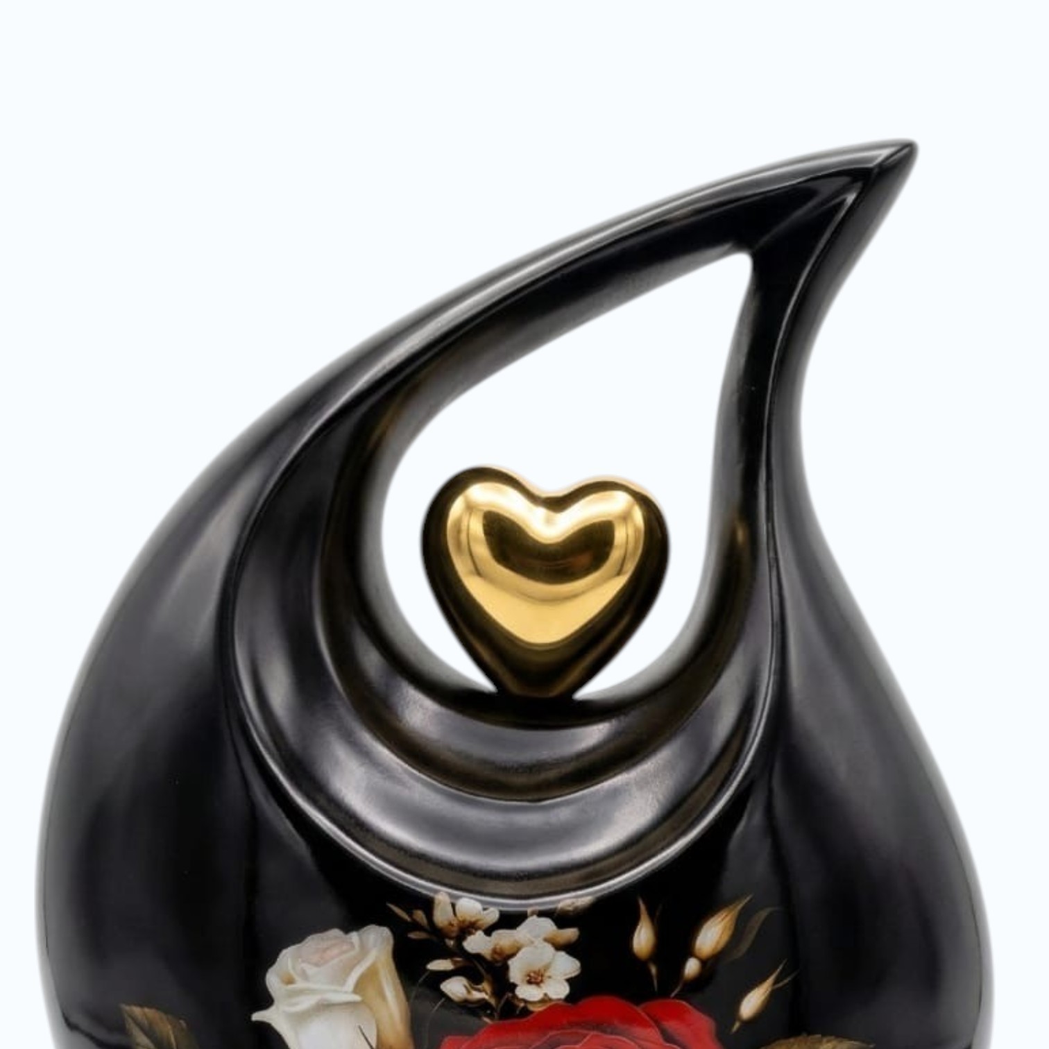 Black Teardrop with Golden Heart & Flower Print Urn for Ashes Men Women w/ Bag