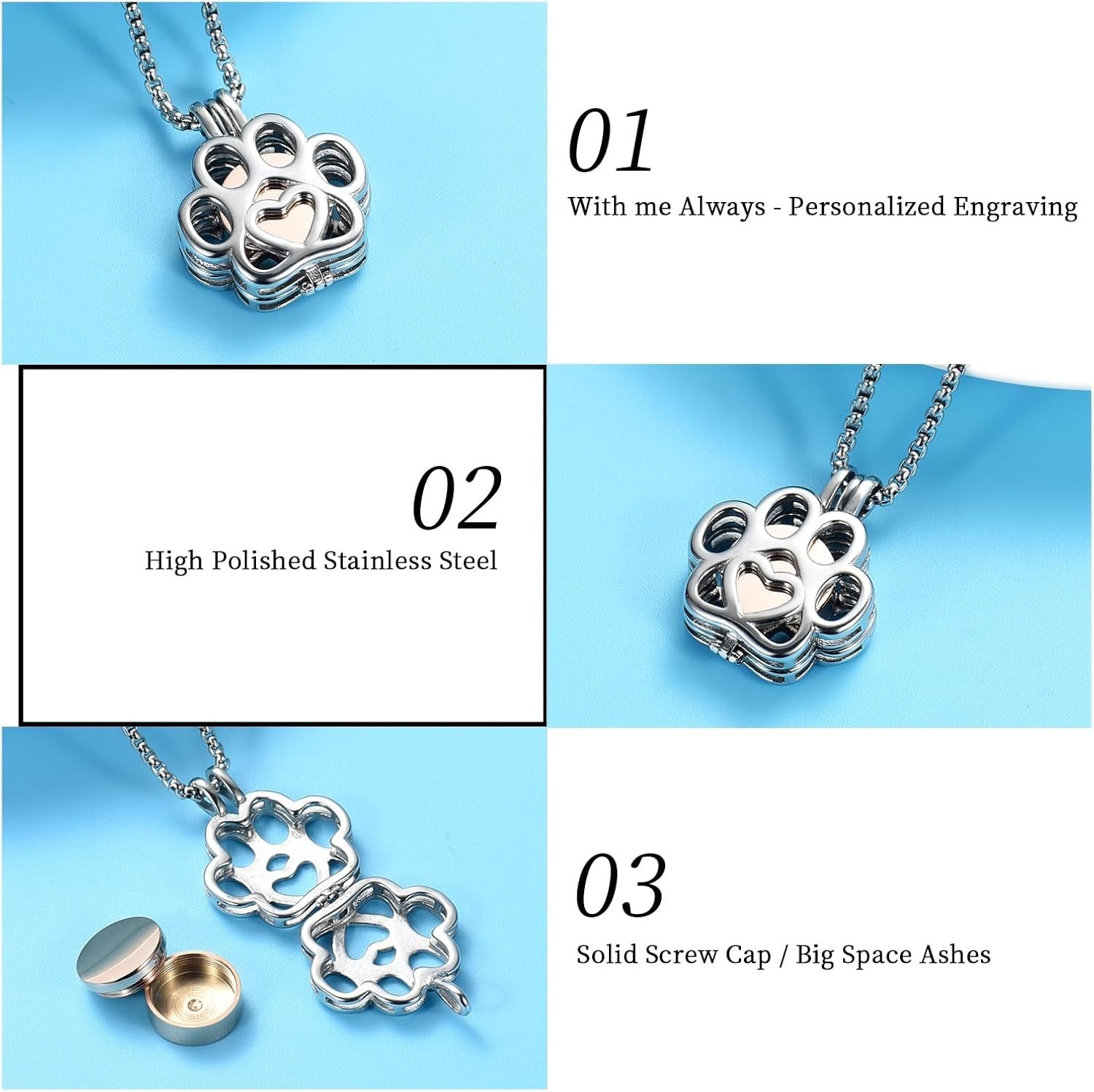 Pet Cremation Jewelry Stainless Steel Urn Necklace Keepsake for Dog Cat Ashes