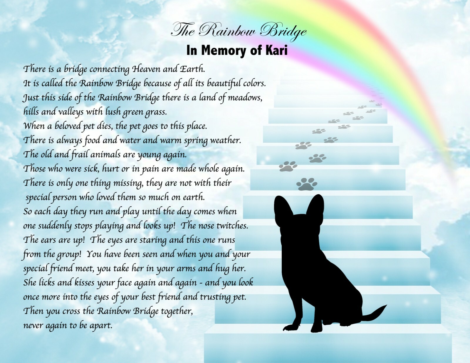 DOG BREED Memorial Poem RAINBOW BRIDGE UNFRAMED Stairway to Heaven Art Print