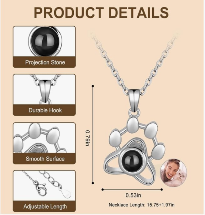 Personalized Dog Paw Cremation Jewelry Necklace Projection Stone Adjustable
