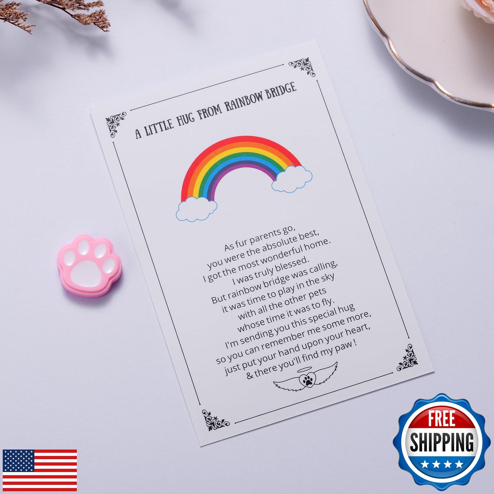 Pet Memorial Keepsake, Rainbow Bridge Pocket Hug with Paw Print Token, Sympat